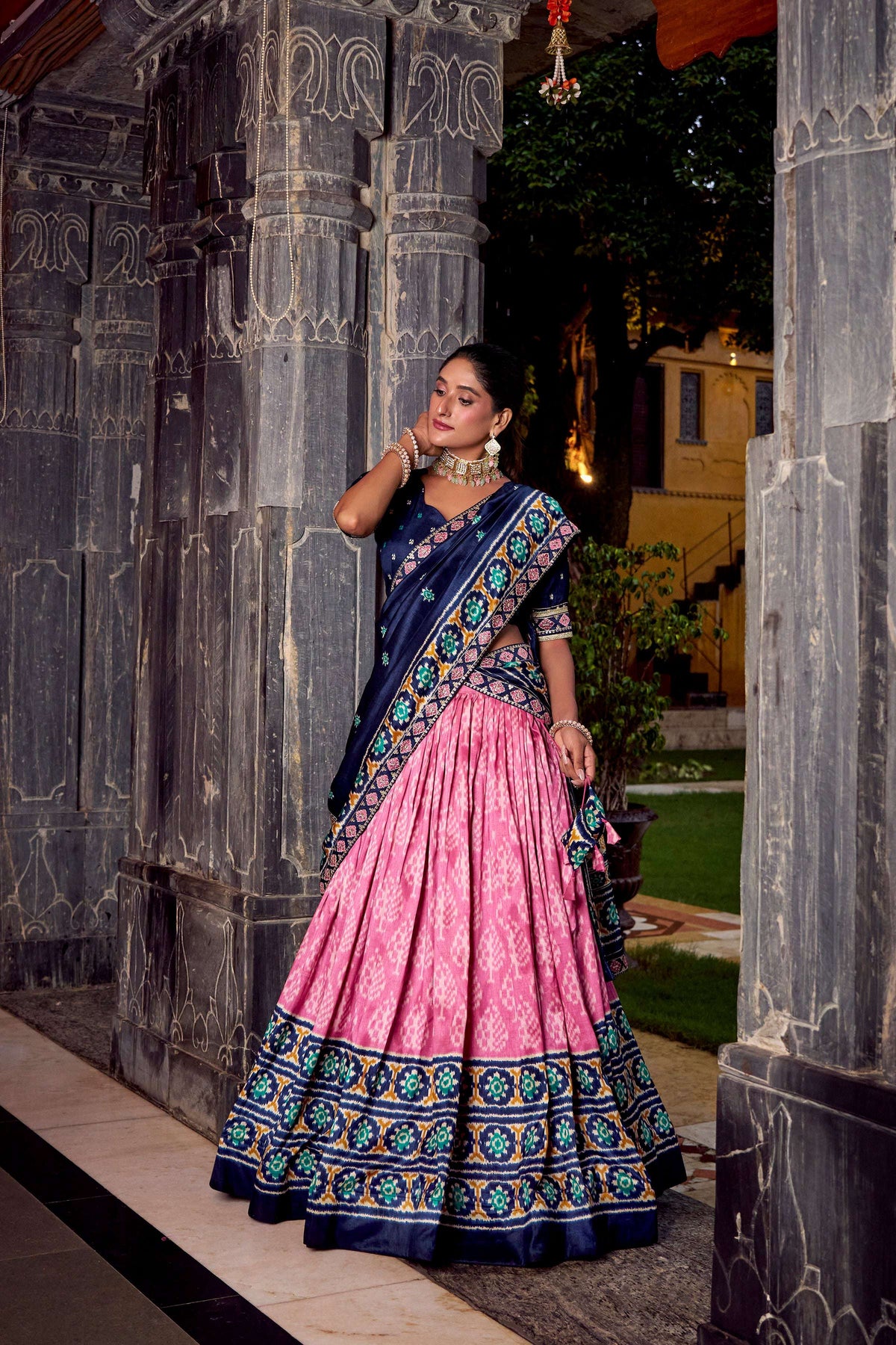Lorenvalley Fashion Pink Tasar Silk Ikkat Print Lehenga Choli with Dupatta | Grocsy