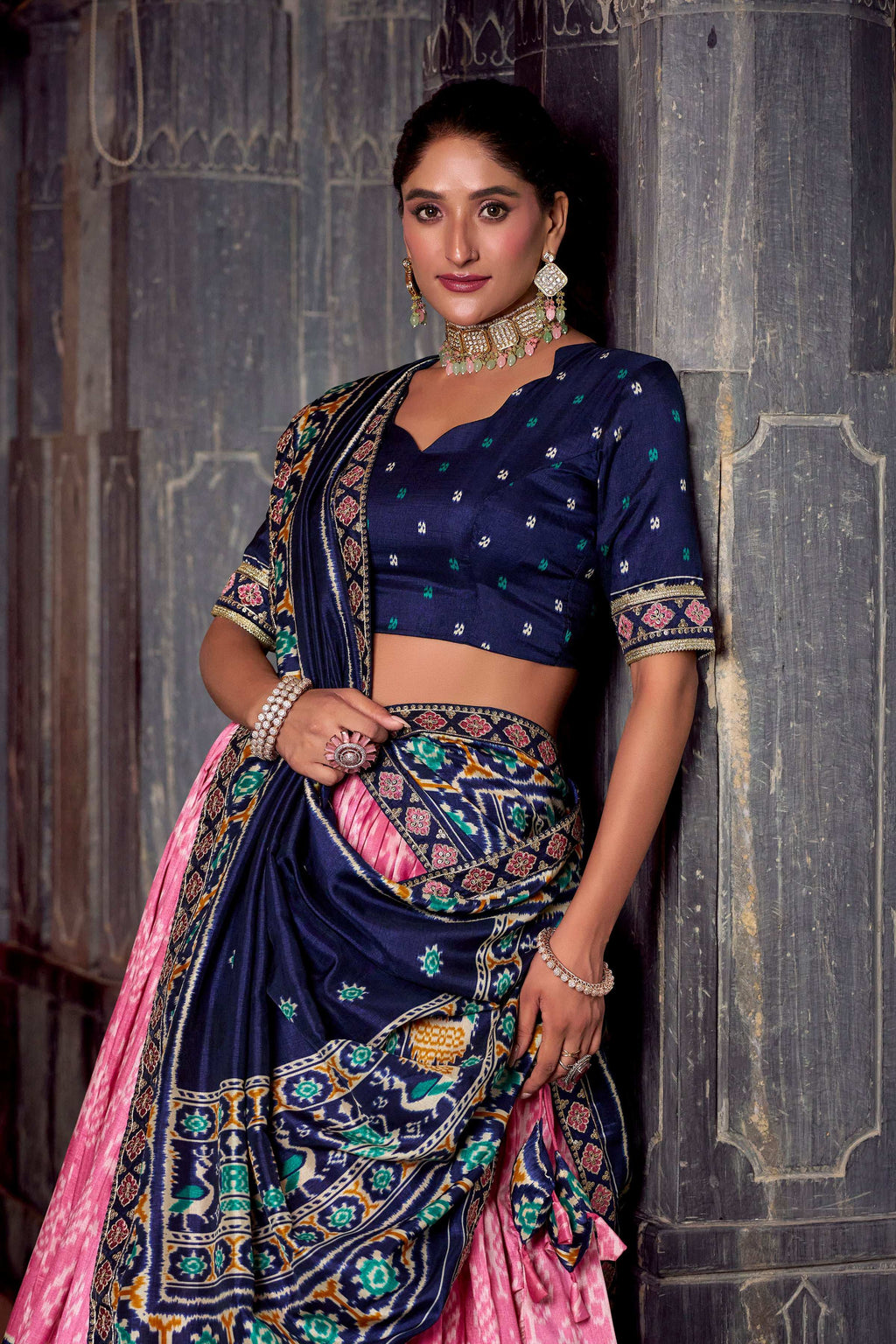 Lorenvalley Fashion Pink Tasar Silk Ikkat Print Lehenga Choli with Dupatta | Grocsy