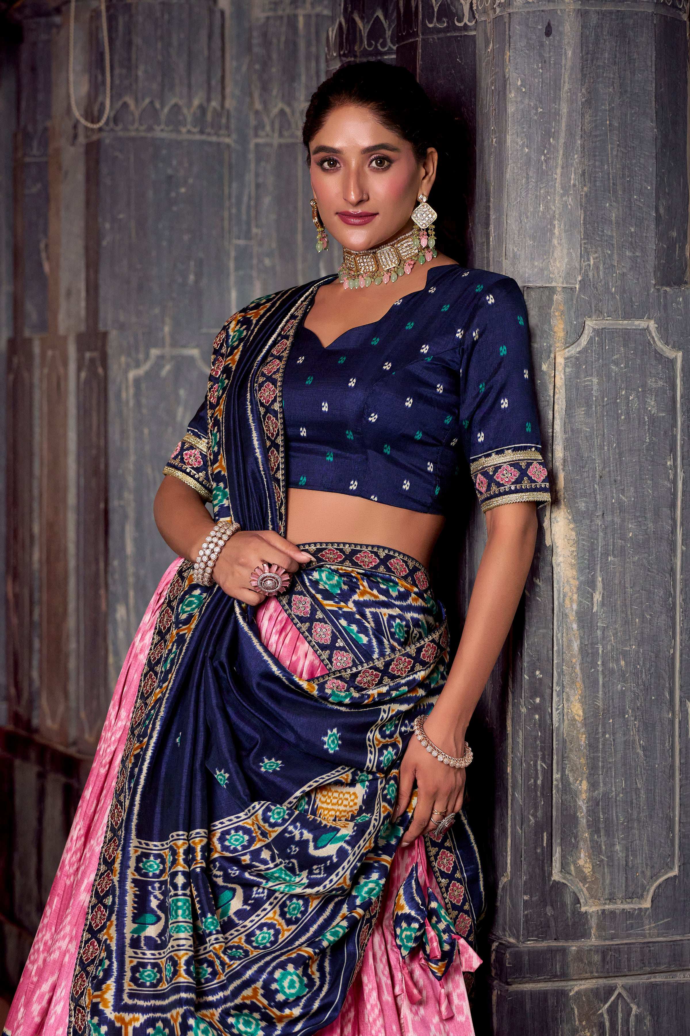 Lorenvalley Fashion Pink Tasar Silk Ikkat Print Lehenga Choli with Dupatta | Grocsy