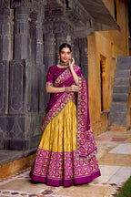 Lorenvalley Fashion Mustard Tasar Silk Ikkat Print Lehenga Choli with Dupatta | Grocsy