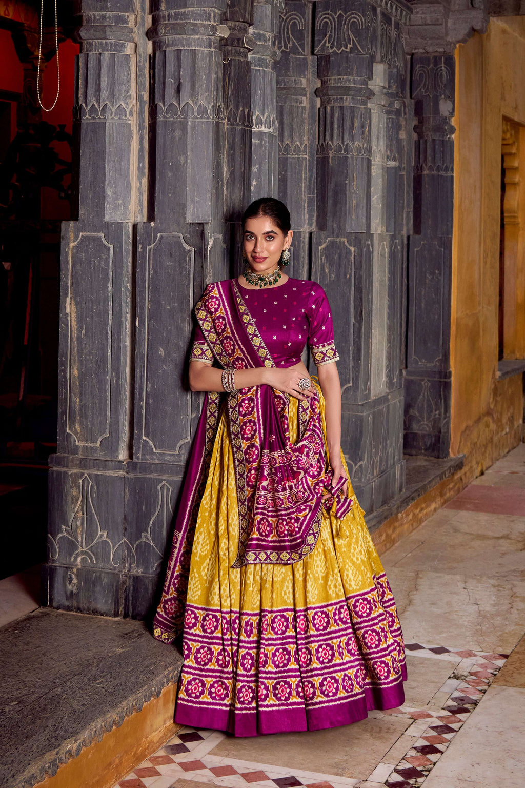 Lorenvalley Fashion Mustard Tasar Silk Ikkat Print Lehenga Choli with Dupatta | Grocsy