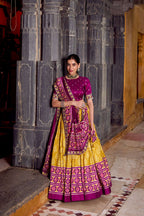Lorenvalley Fashion Mustard Tasar Silk Ikkat Print Lehenga Choli with Dupatta | Grocsy