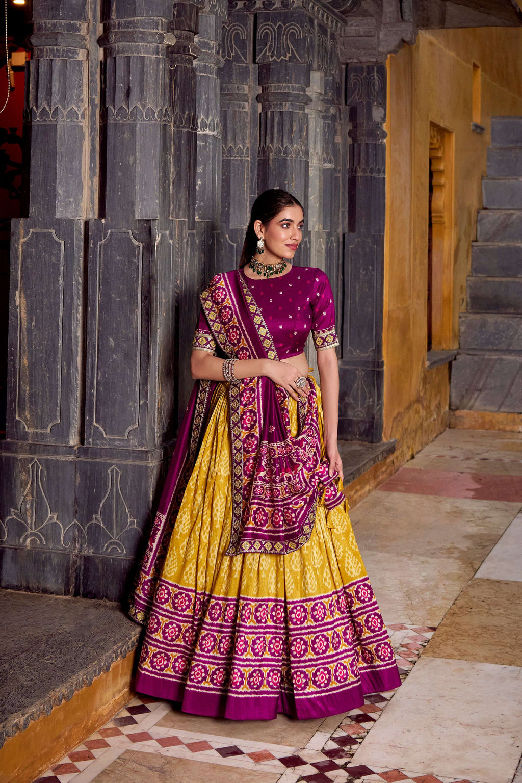 Lorenvalley Fashion Mustard Tasar Silk Ikkat Print Lehenga Choli with Dupatta | Grocsy