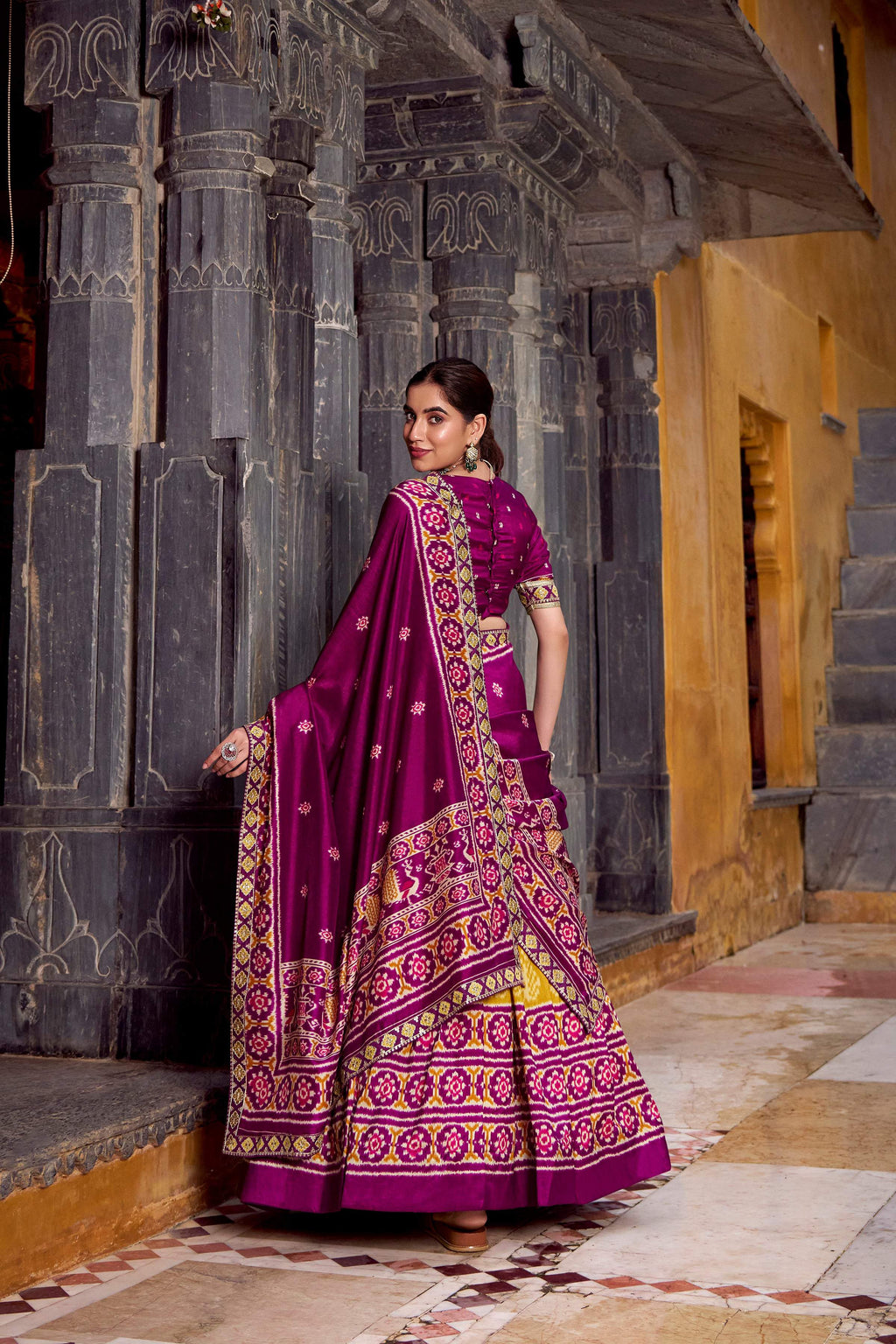 Lorenvalley Fashion Mustard Tasar Silk Ikkat Print Lehenga Choli with Dupatta | Grocsy
