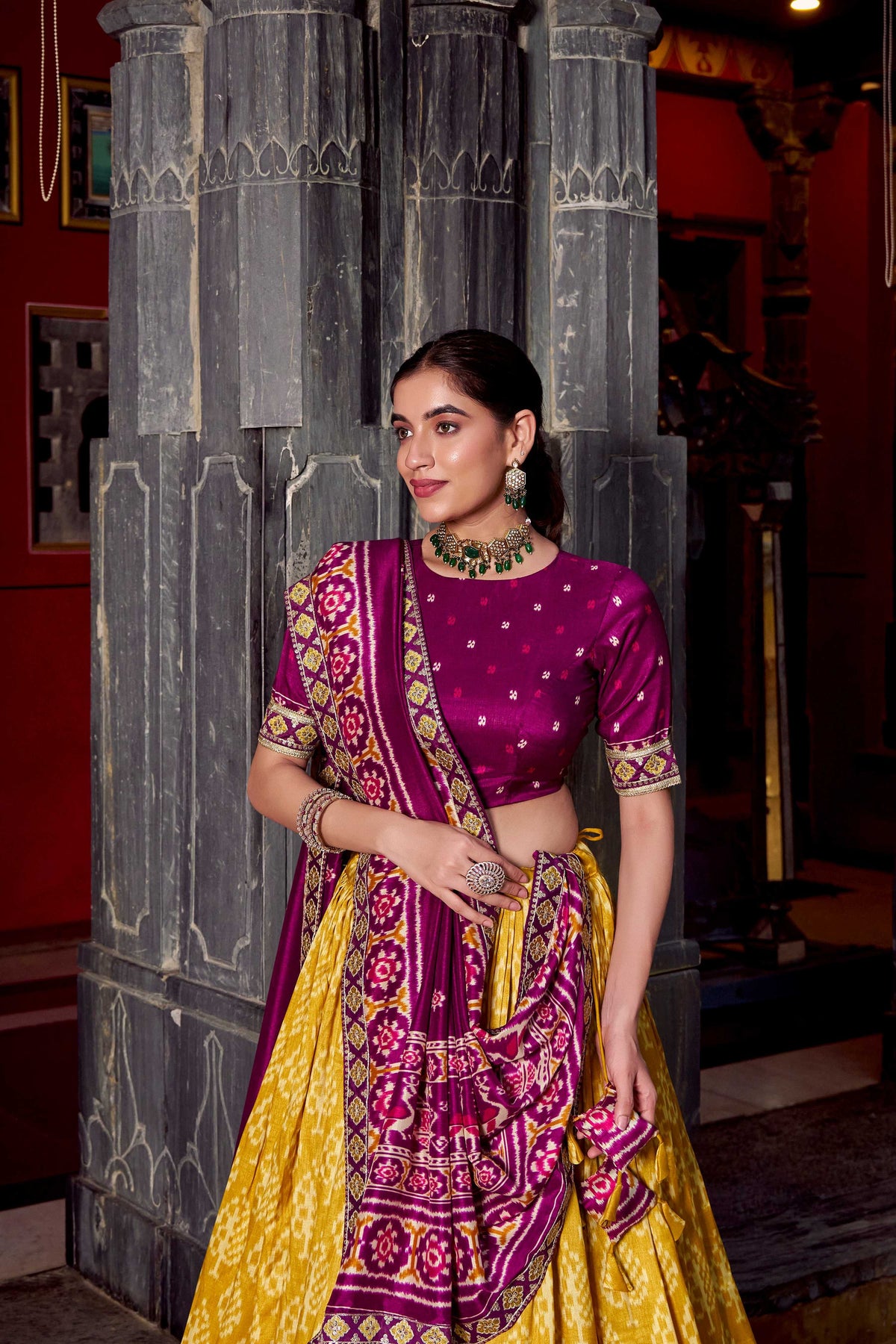 Lorenvalley Fashion Mustard Tasar Silk Ikkat Print Lehenga Choli with Dupatta | Grocsy