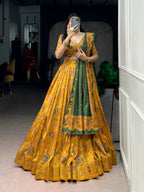 Lorenvalley Fashion Mustard Tasar Silk Gilded Motif Foil Printed Lehenga Choli with Dupatta | Grocsy