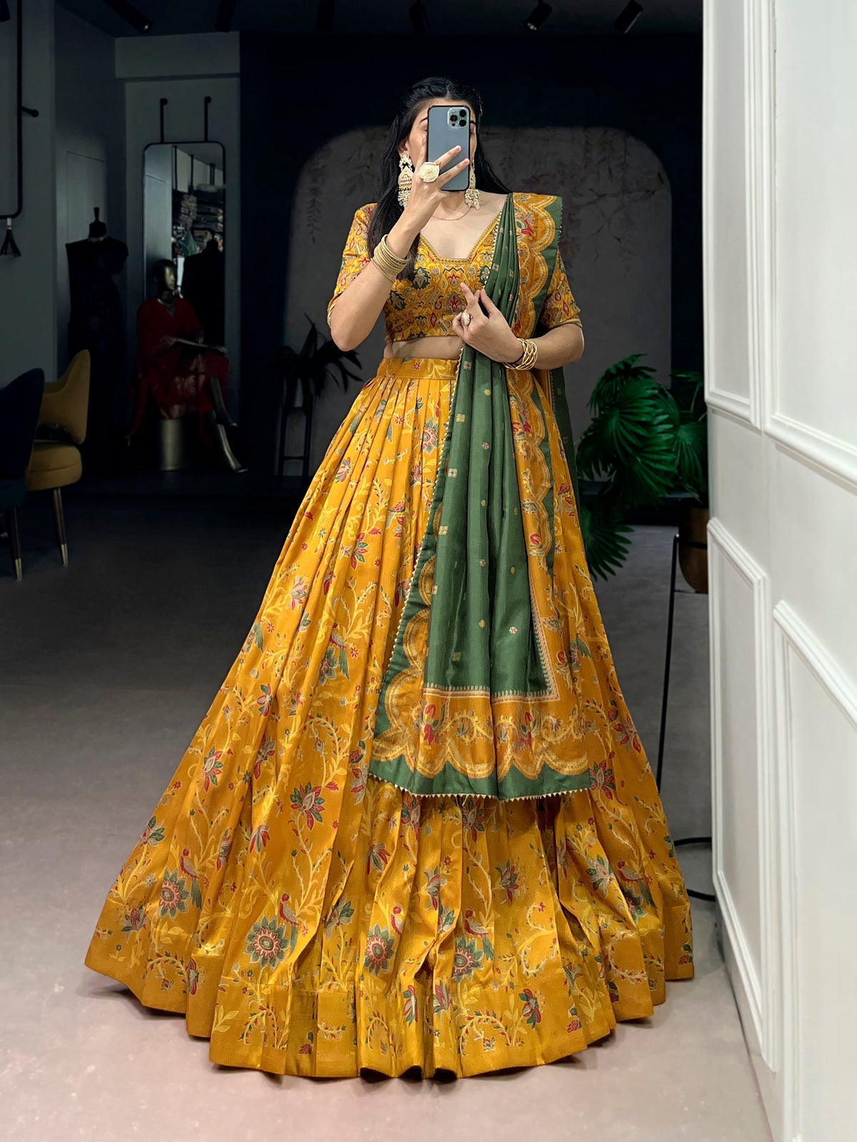 Lorenvalley Fashion Mustard Tasar Silk Gilded Motif Foil Printed Lehenga Choli with Dupatta | Grocsy