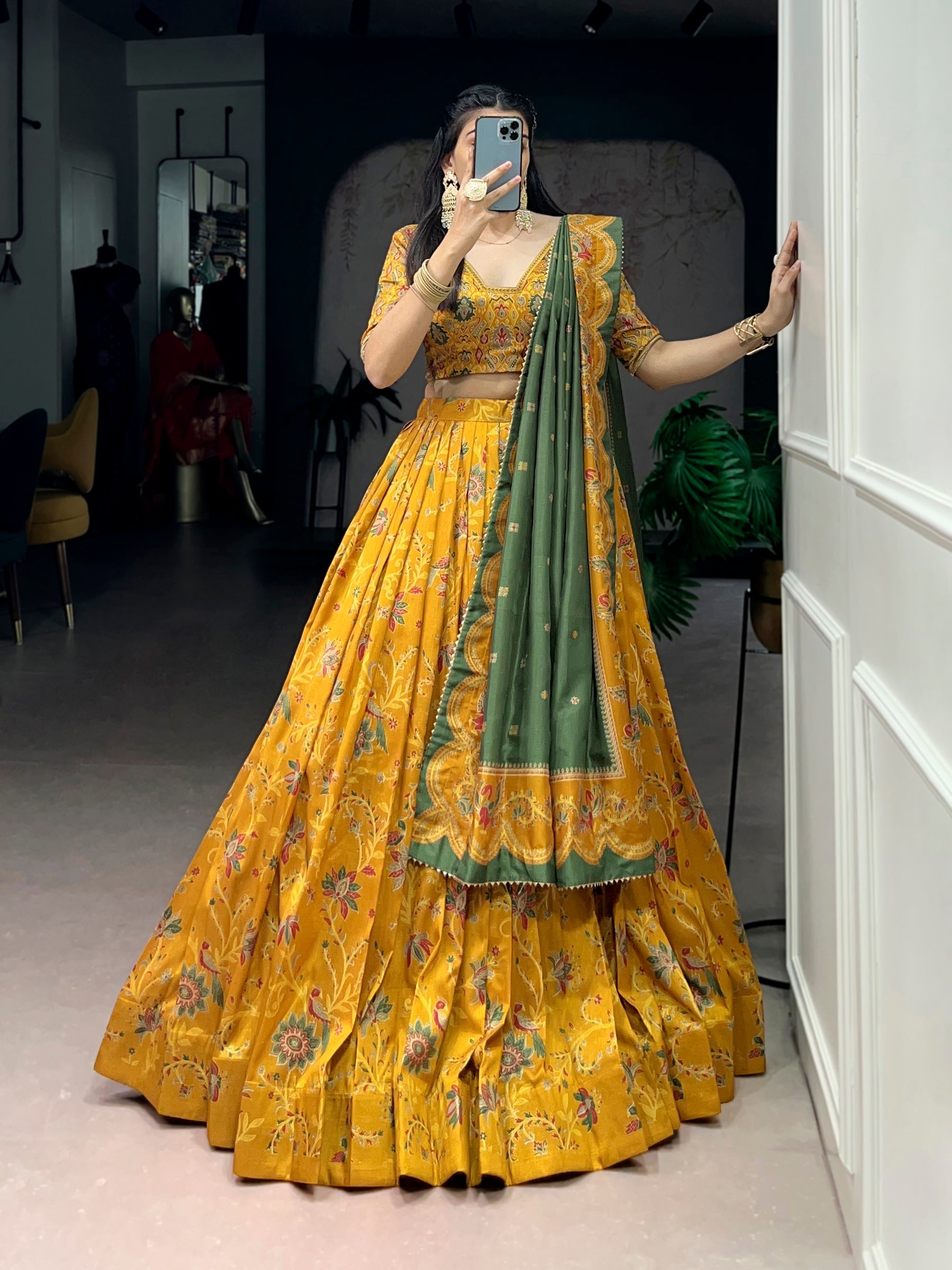 Lorenvalley Fashion Mustard Tasar Silk Gilded Motif Foil Printed Lehenga Choli with Dupatta | Grocsy