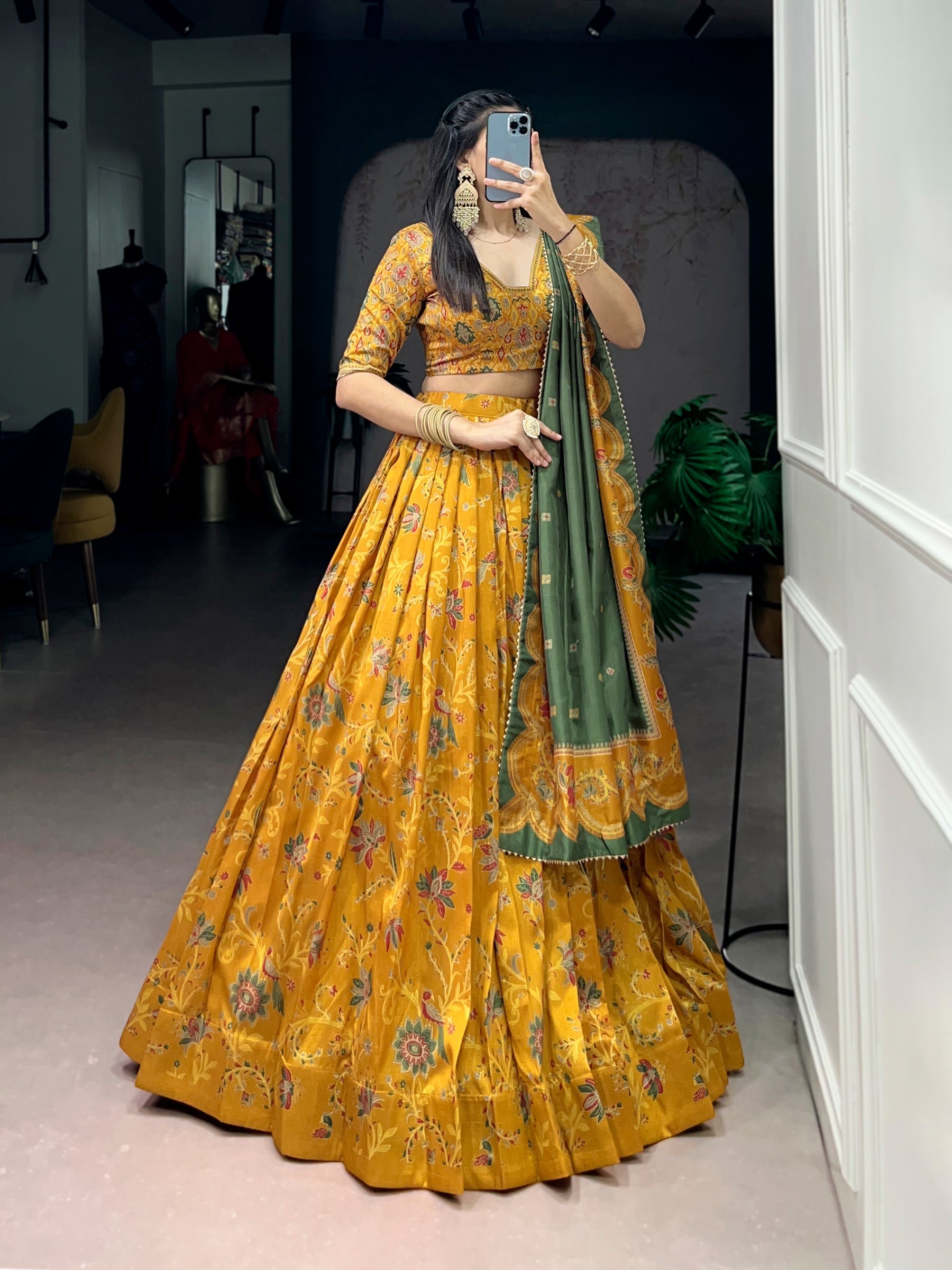Lorenvalley Fashion Mustard Tasar Silk Gilded Motif Foil Printed Lehenga Choli with Dupatta | Grocsy