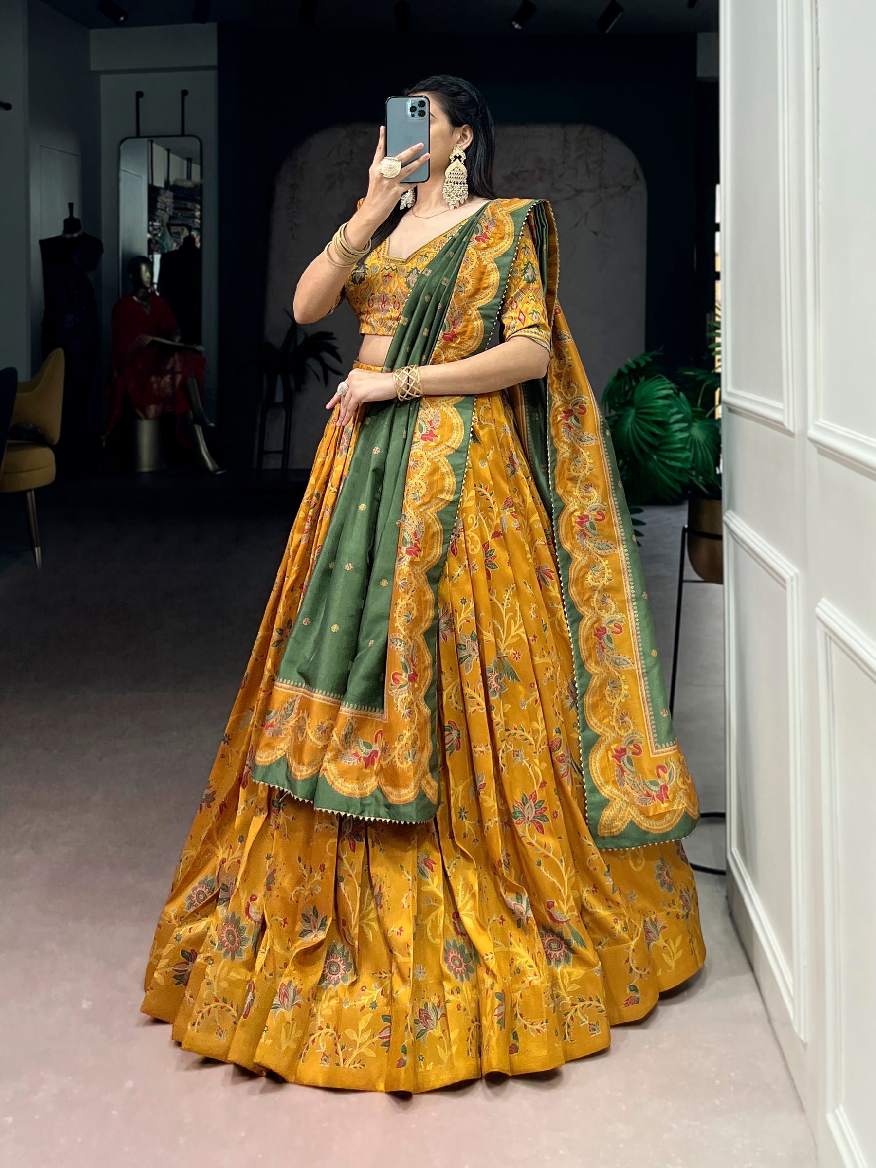 Lorenvalley Fashion Mustard Tasar Silk Gilded Motif Foil Printed Lehenga Choli with Dupatta | Grocsy