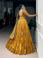Lorenvalley Fashion Mustard Tasar Silk Gilded Motif Foil Printed Lehenga Choli with Dupatta | Grocsy