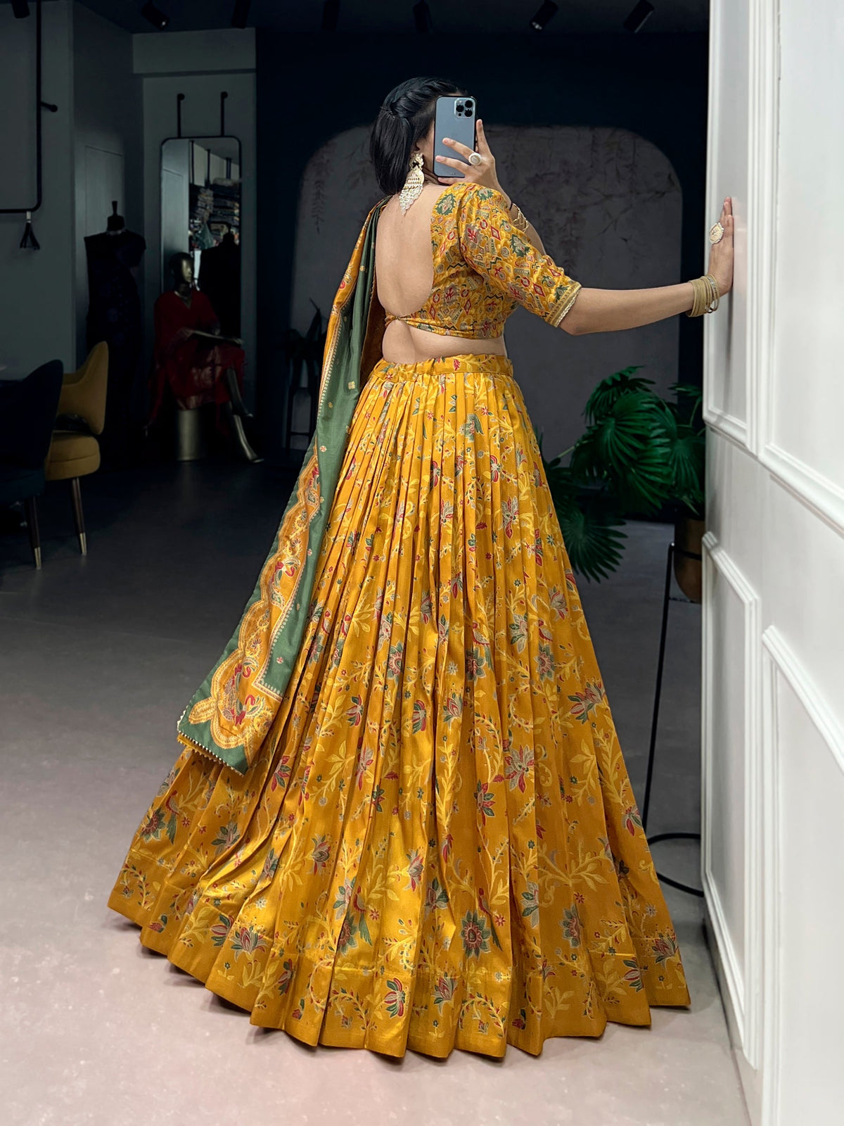 Lorenvalley Fashion Mustard Tasar Silk Gilded Motif Foil Printed Lehenga Choli with Dupatta | Grocsy