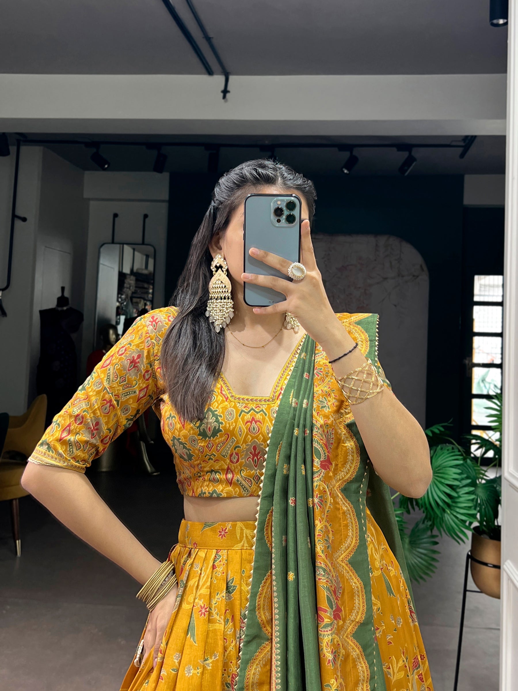 Lorenvalley Fashion Mustard Tasar Silk Gilded Motif Foil Printed Lehenga Choli with Dupatta | Grocsy
