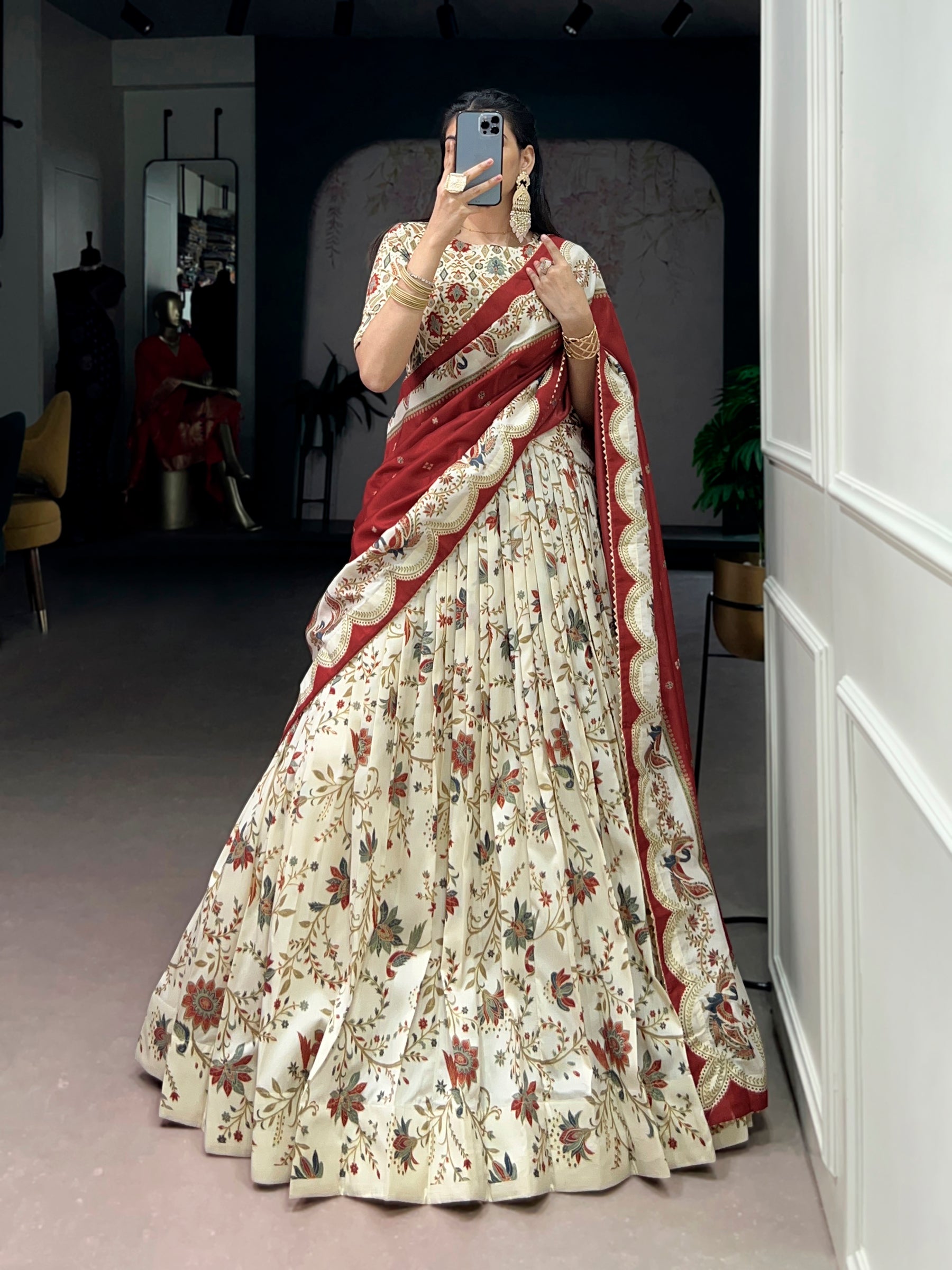 Lorenvalley Fashion Offwhite Tasar Silk Gilded Motif Foil Printed Lehenga Choli with Dupatta | Grocsy