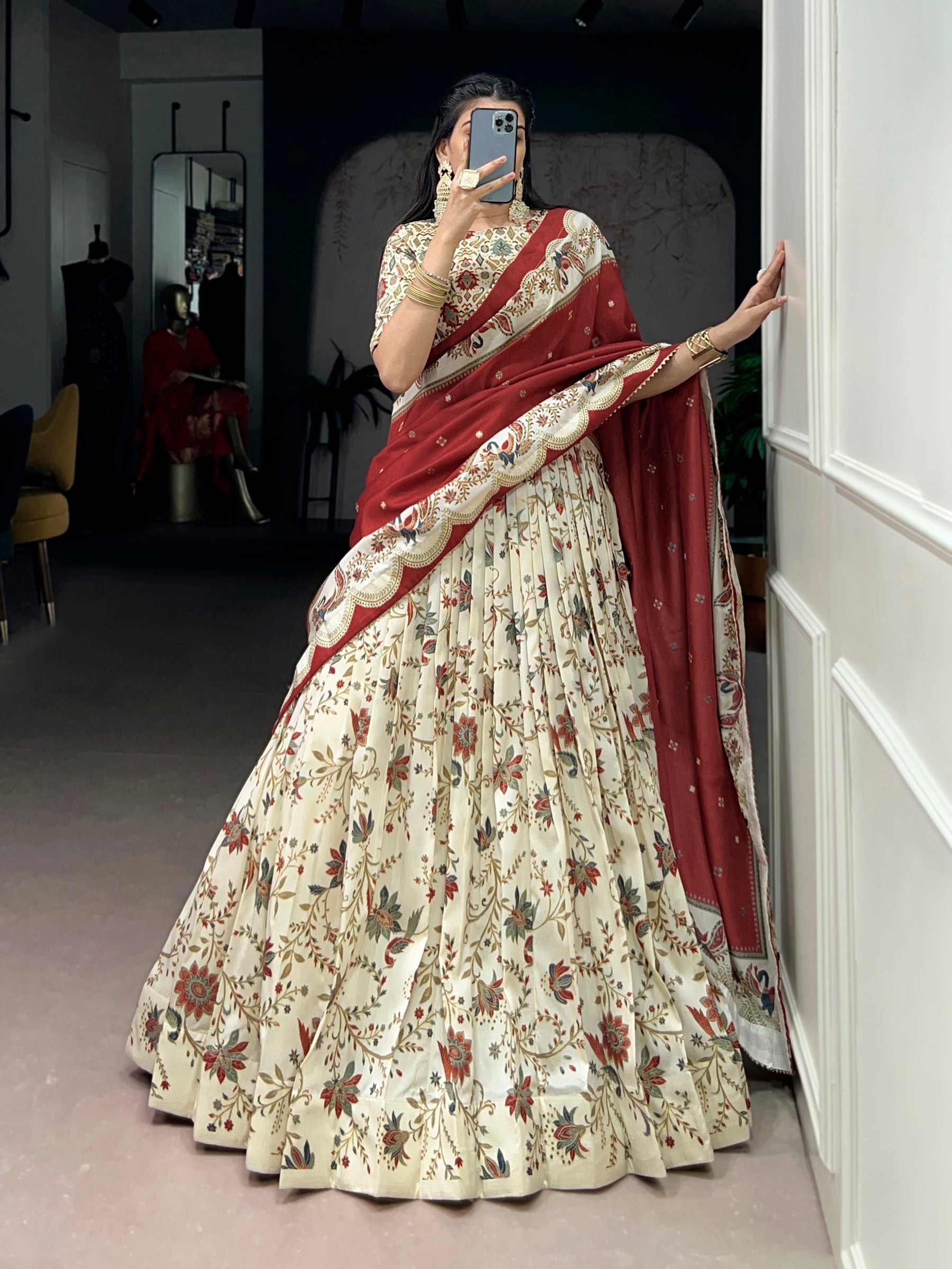 Lorenvalley Fashion Offwhite Tasar Silk Gilded Motif Foil Printed Lehenga Choli with Dupatta | Grocsy