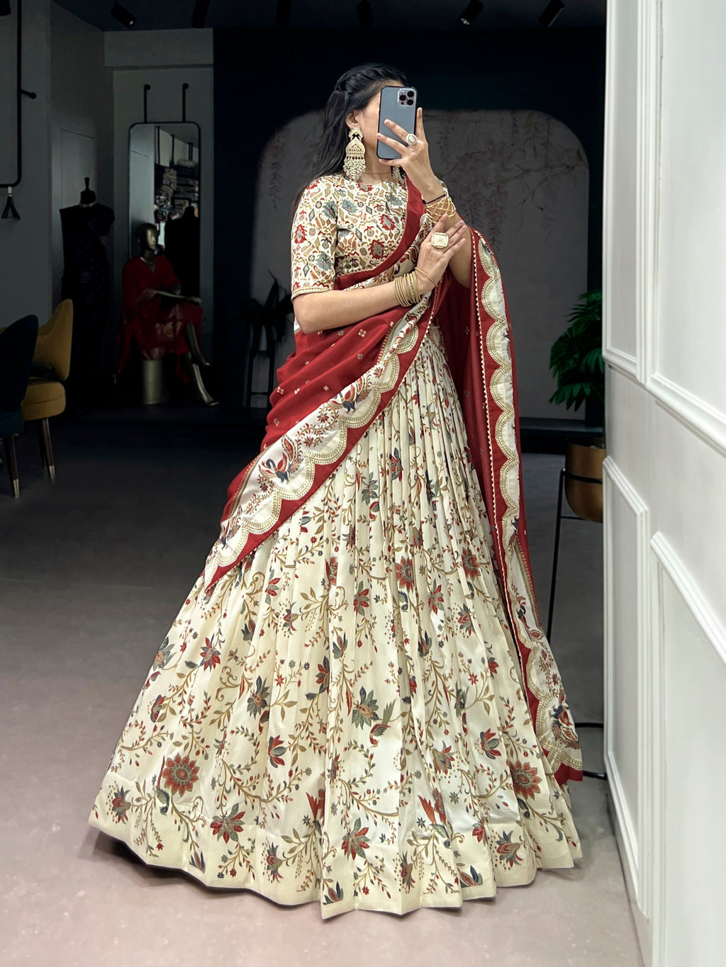 Lorenvalley Fashion Offwhite Tasar Silk Gilded Motif Foil Printed Lehenga Choli with Dupatta | Grocsy
