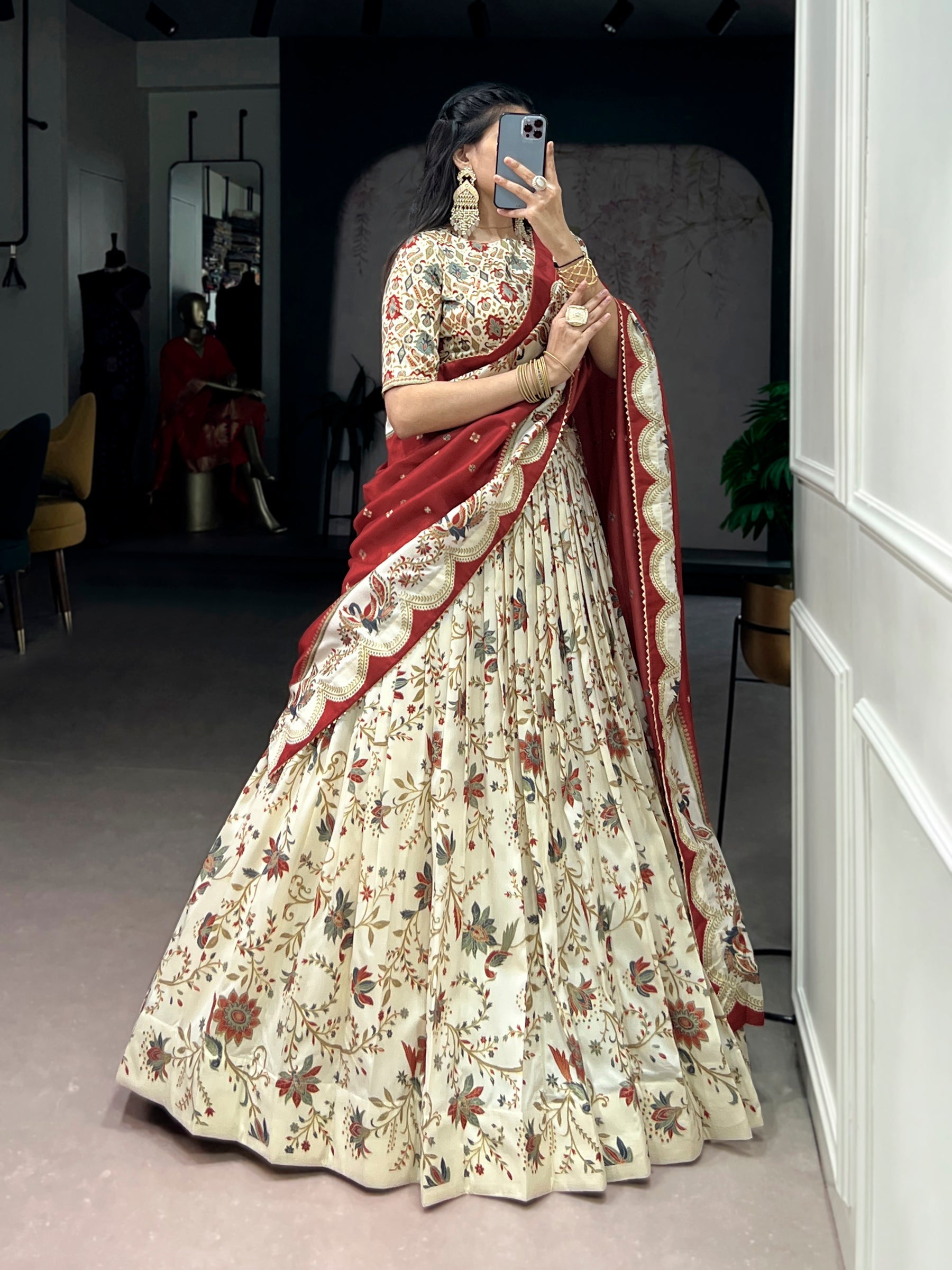 Lorenvalley Fashion Offwhite Tasar Silk Gilded Motif Foil Printed Lehenga Choli with Dupatta | Grocsy
