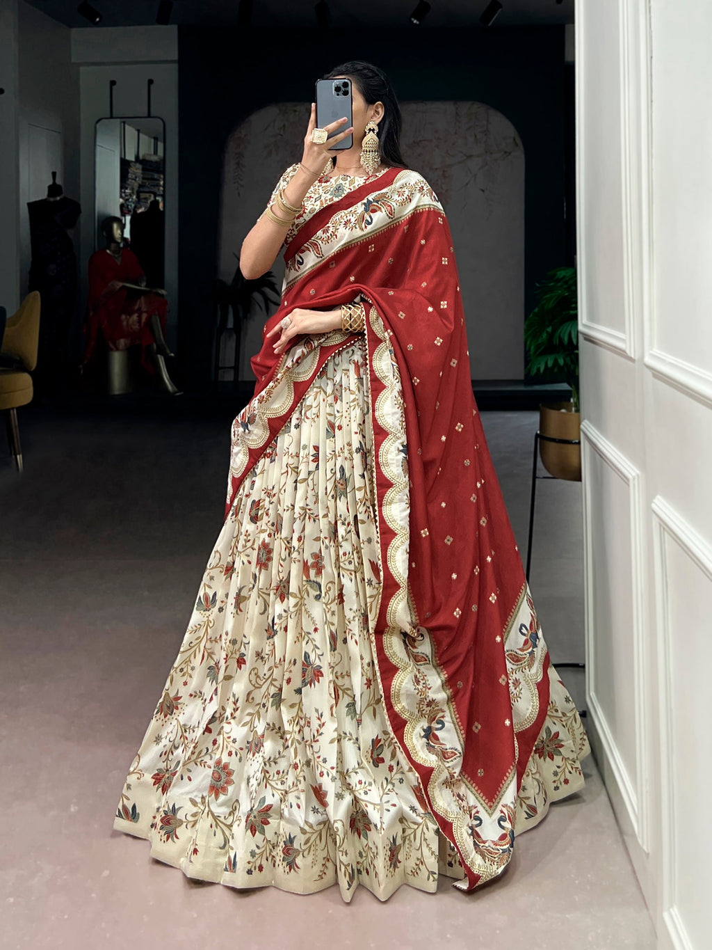 Lorenvalley Fashion Offwhite Tasar Silk Gilded Motif Foil Printed Lehenga Choli with Dupatta | Grocsy