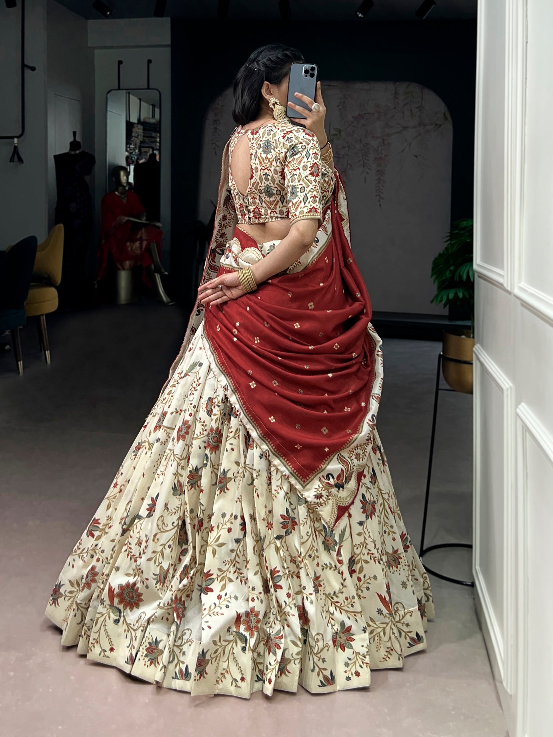 Lorenvalley Fashion Offwhite Tasar Silk Gilded Motif Foil Printed Lehenga Choli with Dupatta | Grocsy