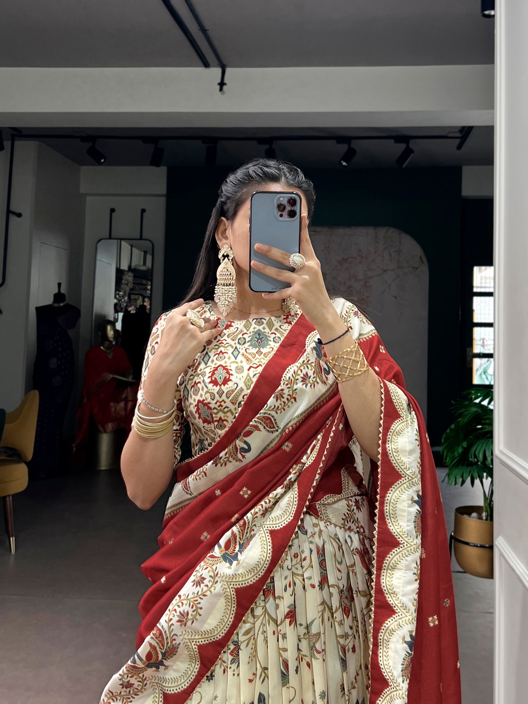 Lorenvalley Fashion Offwhite Tasar Silk Gilded Motif Foil Printed Lehenga Choli with Dupatta | Grocsy