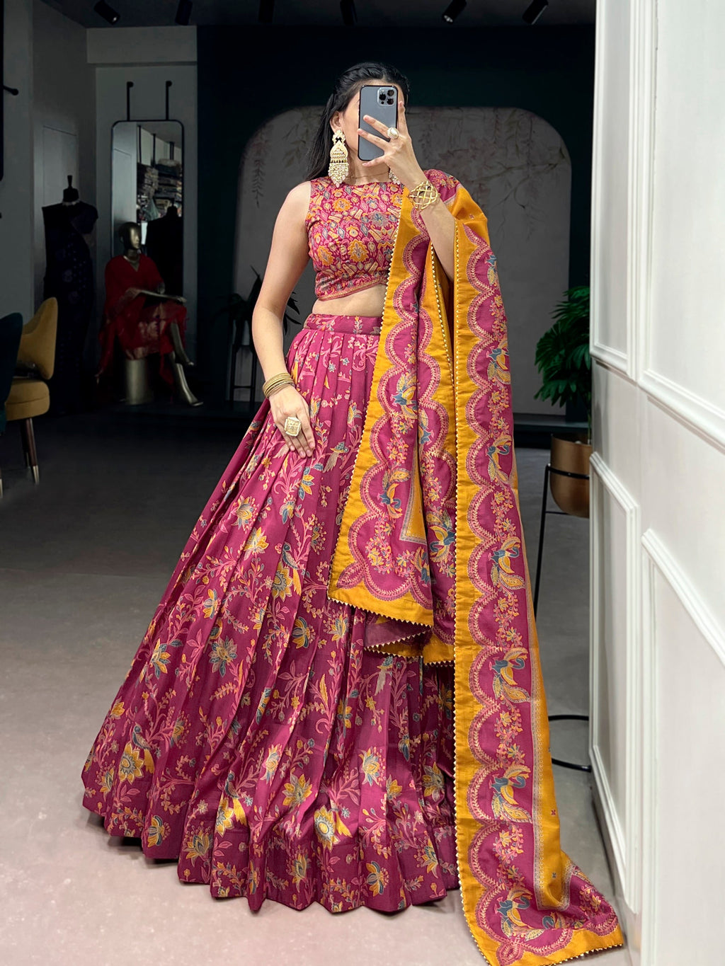 Lorenvalley Fashion Pink Tasar Silk Gilded Motif Foil Printed Lehenga Choli with Dupatta | Grocsy