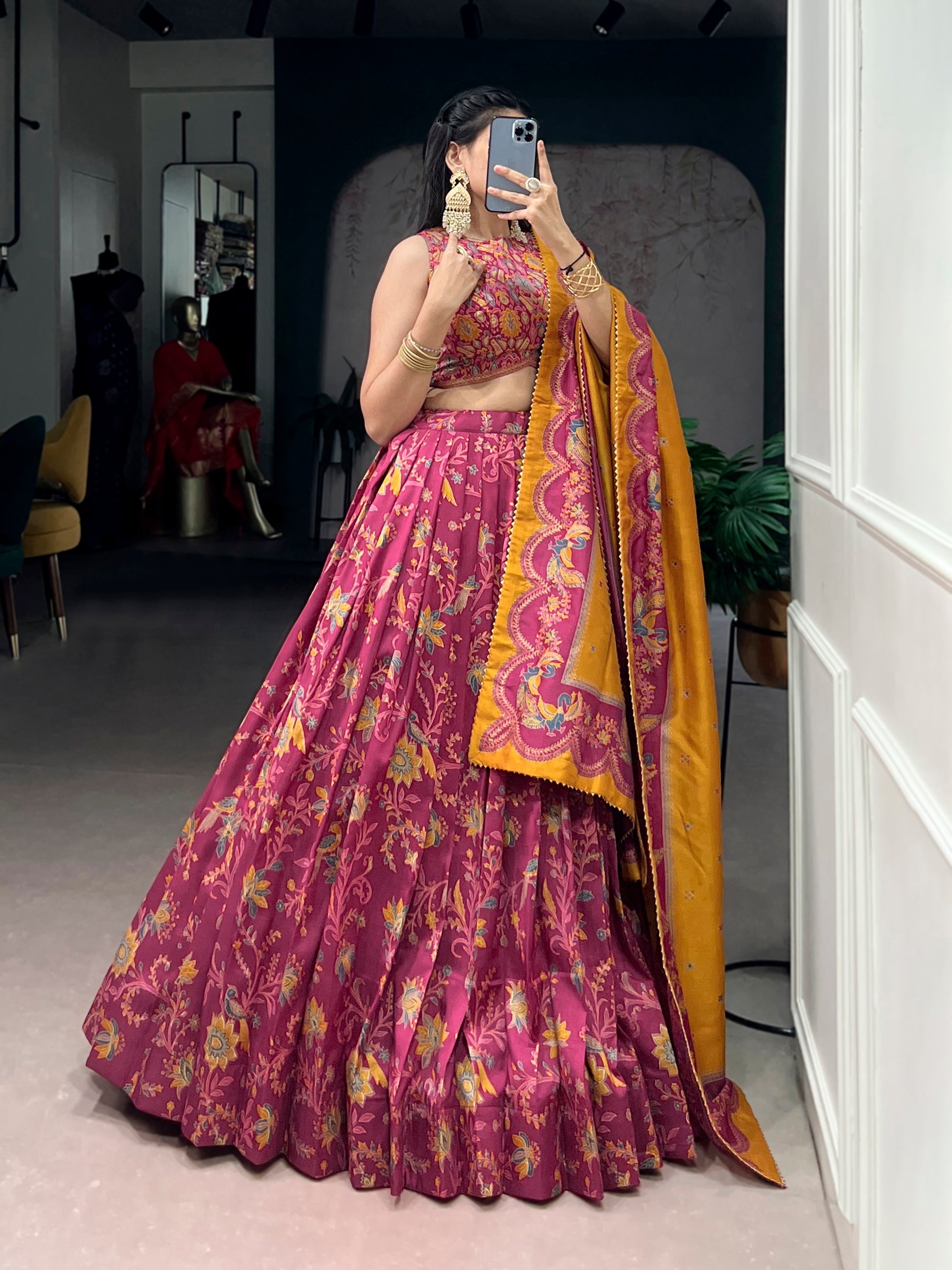 Lorenvalley Fashion Pink Tasar Silk Gilded Motif Foil Printed Lehenga Choli with Dupatta | Grocsy