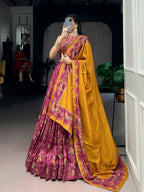 Lorenvalley Fashion Pink Tasar Silk Gilded Motif Foil Printed Lehenga Choli with Dupatta | Grocsy