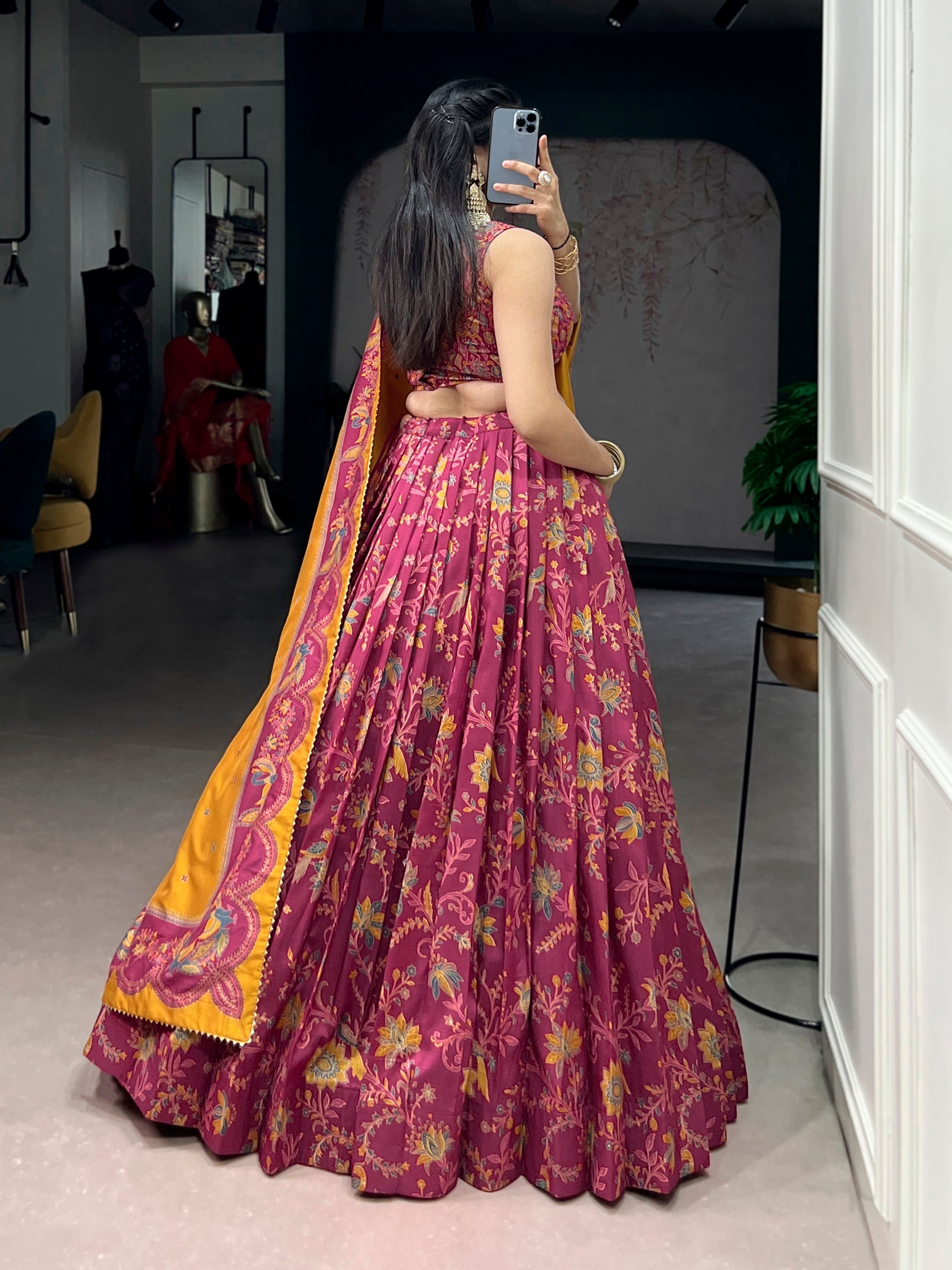 Lorenvalley Fashion Pink Tasar Silk Gilded Motif Foil Printed Lehenga Choli with Dupatta | Grocsy