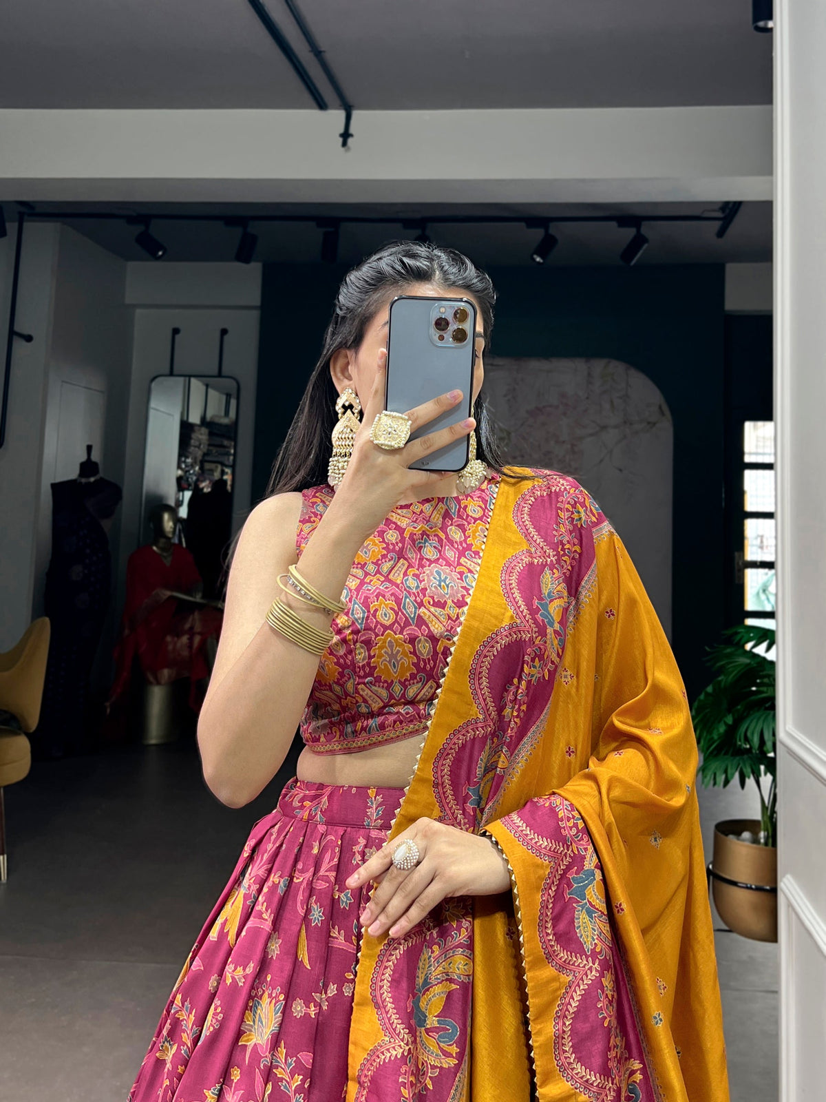 Lorenvalley Fashion Pink Tasar Silk Gilded Motif Foil Printed Lehenga Choli with Dupatta | Grocsy