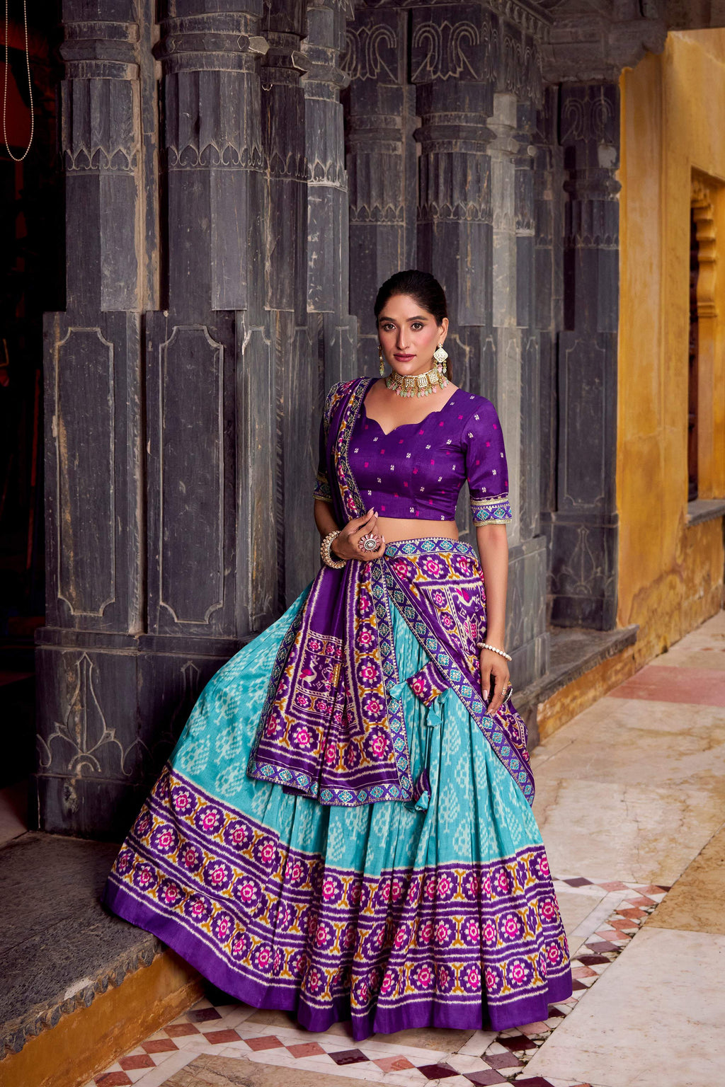 Lorenvalley Fashion Skyblue Tasar Silk Ikkat Print Lehenga Choli with Dupatta | Grocsy