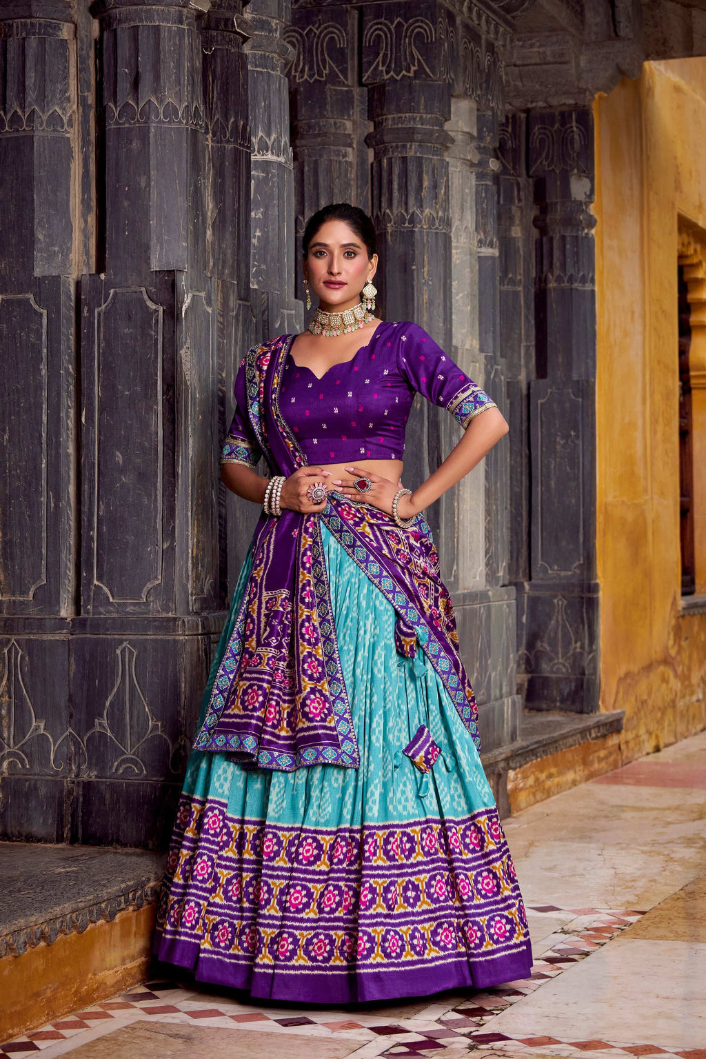 Lorenvalley Fashion Skyblue Tasar Silk Ikkat Print Lehenga Choli with Dupatta | Grocsy