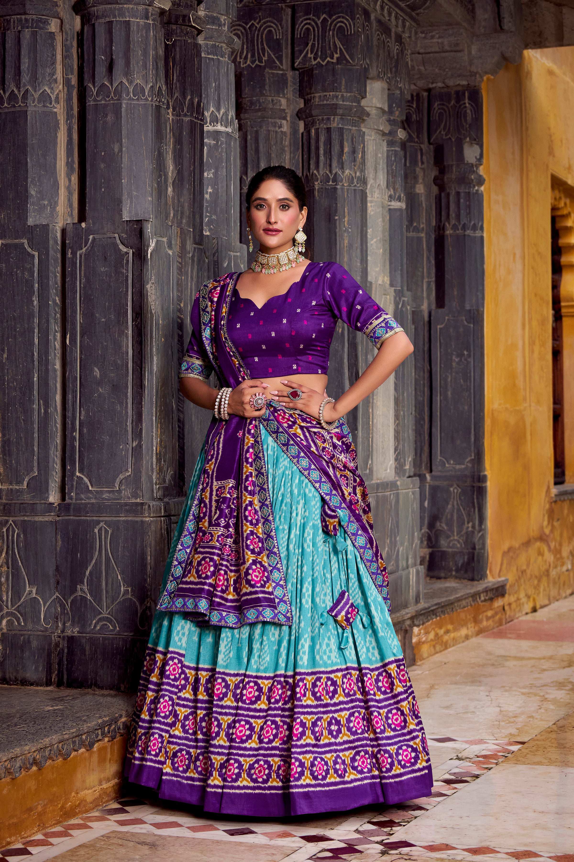 Lorenvalley Fashion Skyblue Tasar Silk Ikkat Print Lehenga Choli with Dupatta | Grocsy