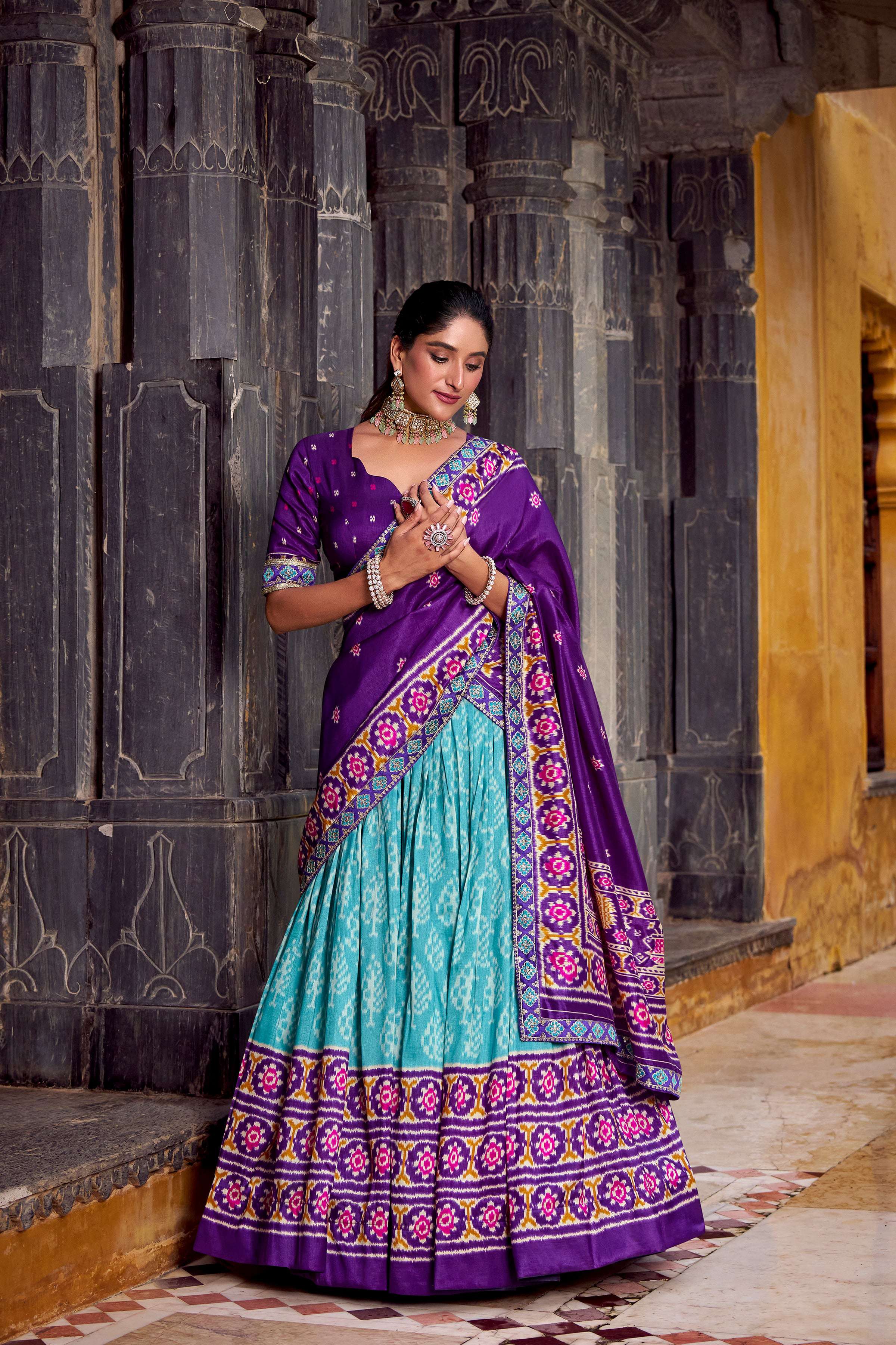 Lorenvalley Fashion Skyblue Tasar Silk Ikkat Print Lehenga Choli with Dupatta | Grocsy