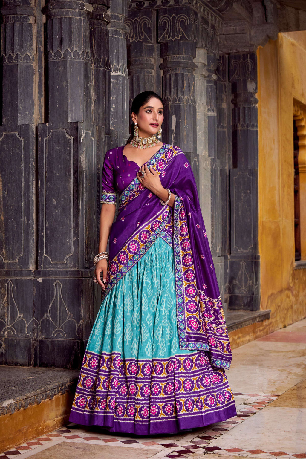 Lorenvalley Fashion Skyblue Tasar Silk Ikkat Print Lehenga Choli with Dupatta | Grocsy