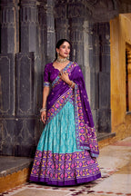 Lorenvalley Fashion Skyblue Tasar Silk Ikkat Print Lehenga Choli with Dupatta | Grocsy