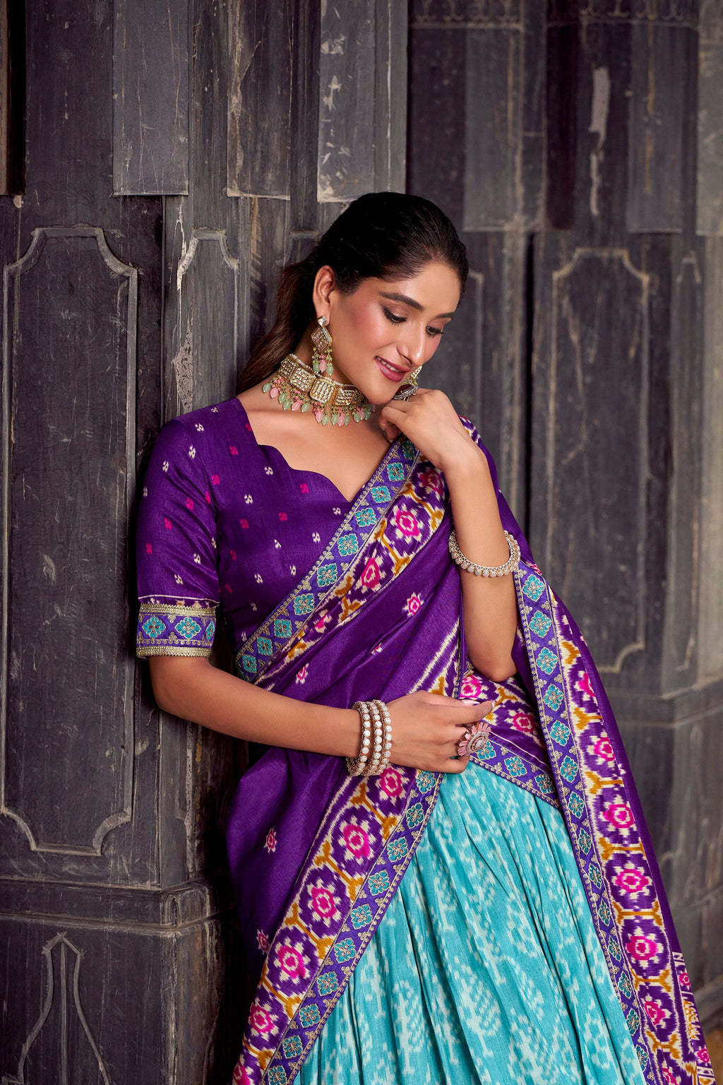 Lorenvalley Fashion Skyblue Tasar Silk Ikkat Print Lehenga Choli with Dupatta | Grocsy