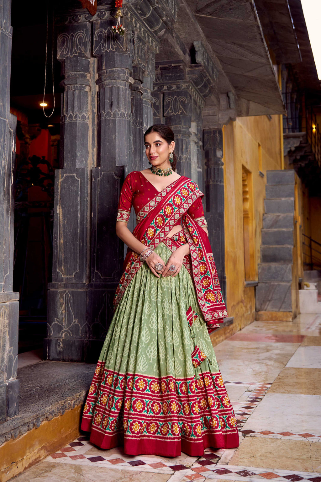 Lorenvalley Fashion Seagreen Tasar Silk Ikkat Print Lehenga Choli with Dupatta | Grocsy