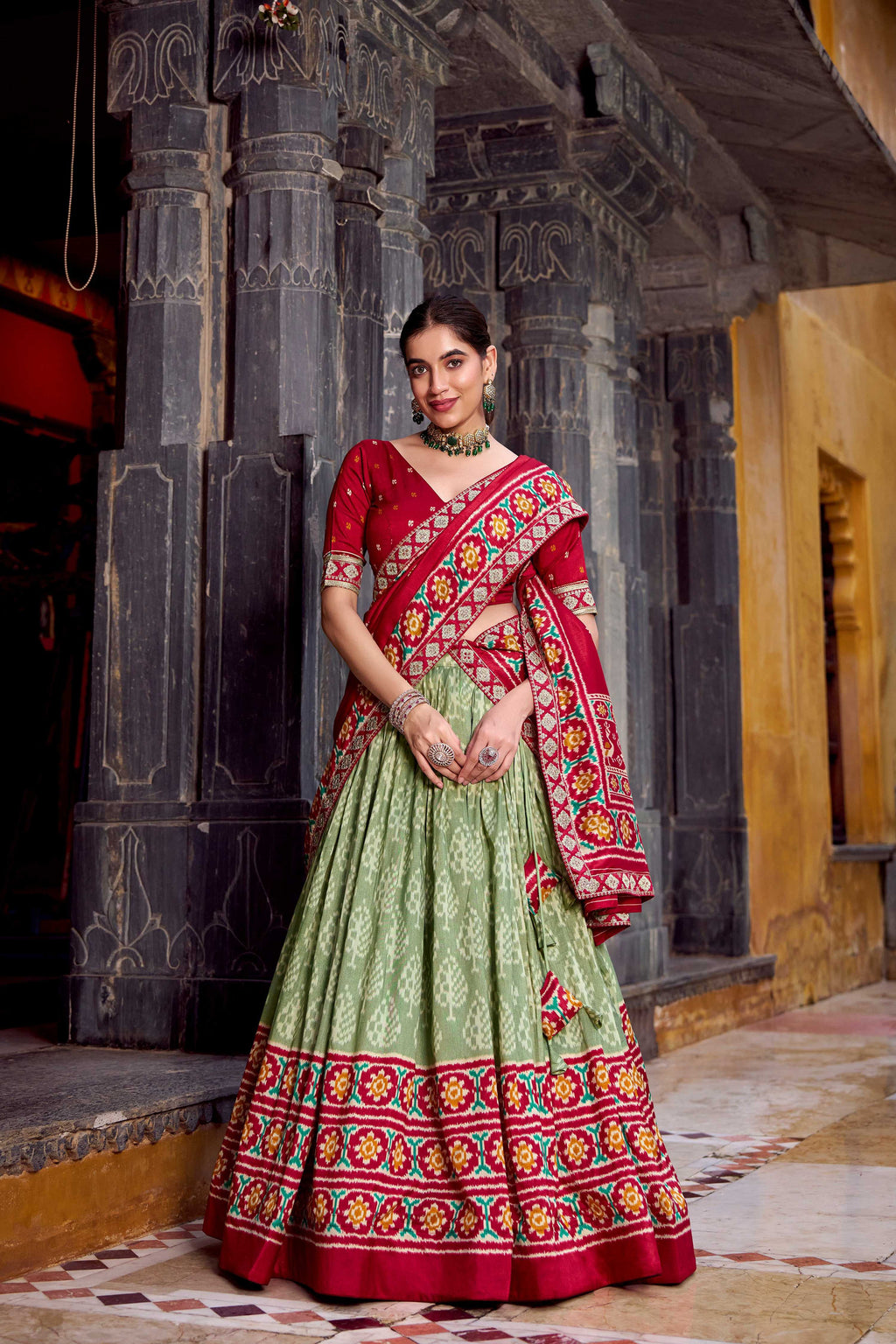 Lorenvalley Fashion Seagreen Tasar Silk Ikkat Print Lehenga Choli with Dupatta | Grocsy