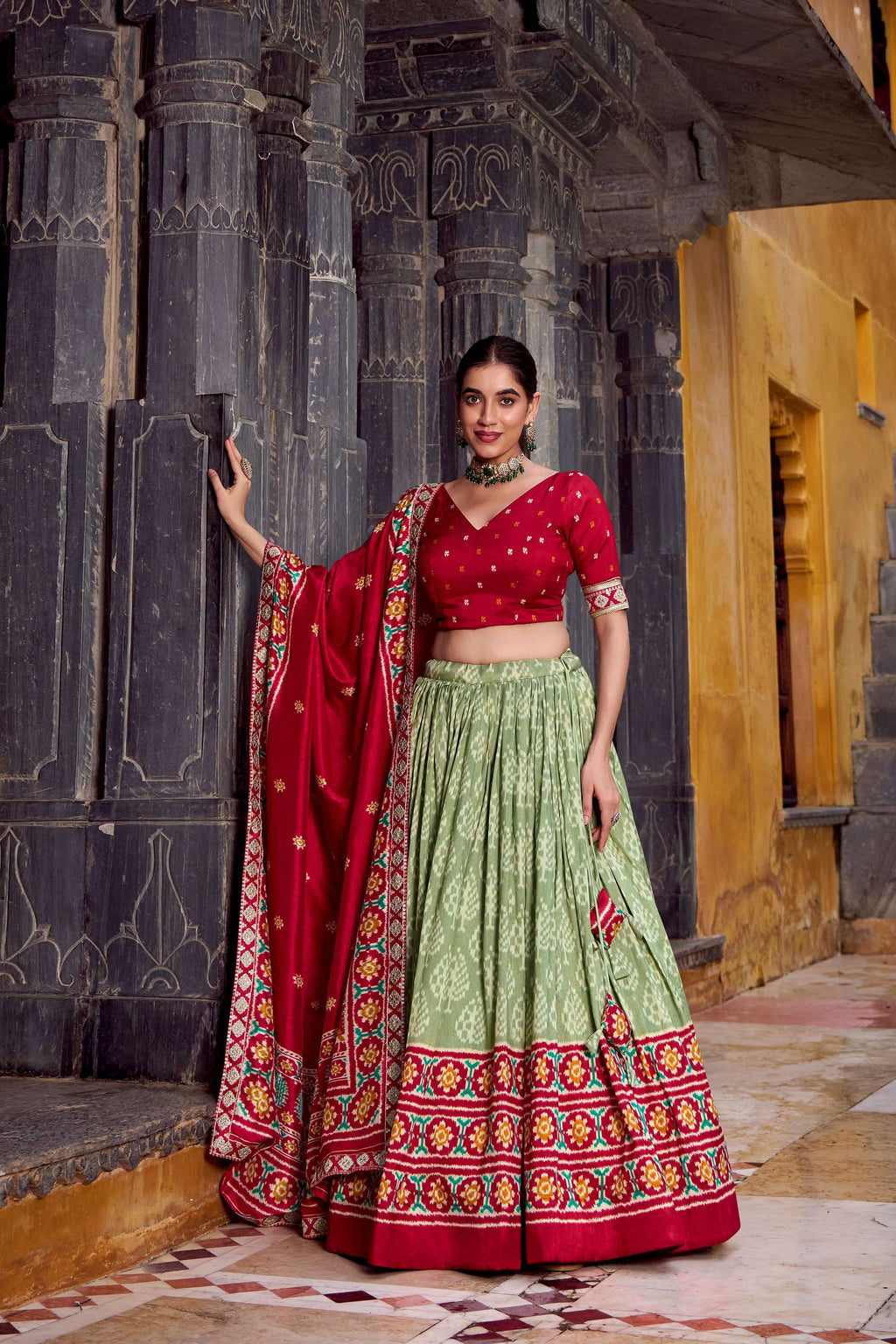 Lorenvalley Fashion Seagreen Tasar Silk Ikkat Print Lehenga Choli with Dupatta | Grocsy