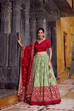 Lorenvalley Fashion Seagreen Tasar Silk Ikkat Print Lehenga Choli with Dupatta | Grocsy