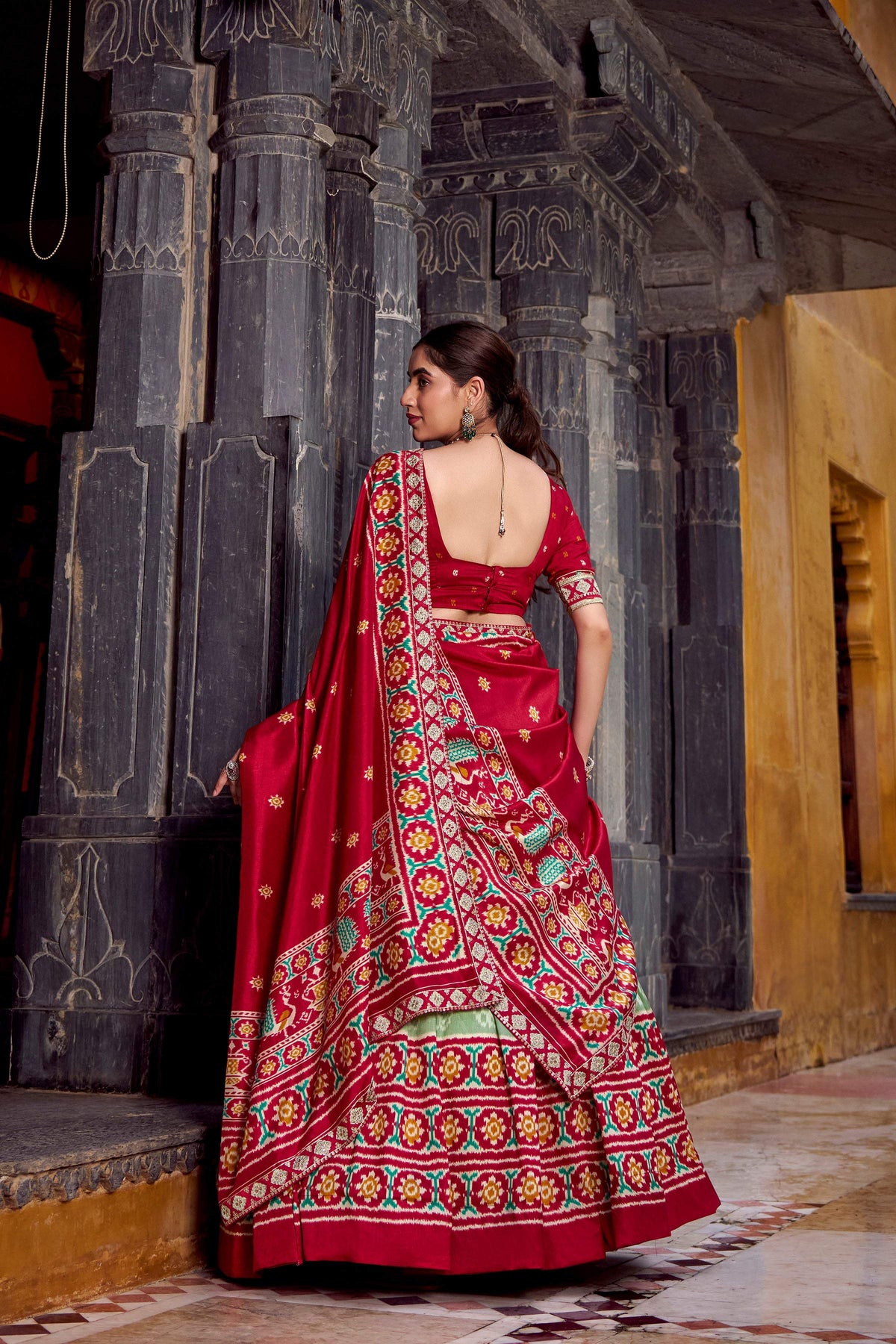 Lorenvalley Fashion Seagreen Tasar Silk Ikkat Print Lehenga Choli with Dupatta | Grocsy