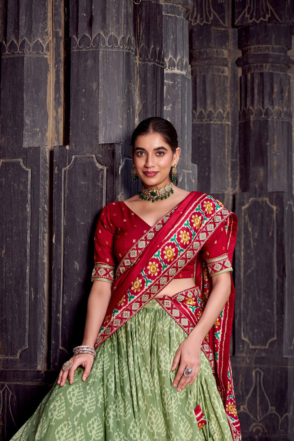 Lorenvalley Fashion Seagreen Tasar Silk Ikkat Print Lehenga Choli with Dupatta | Grocsy