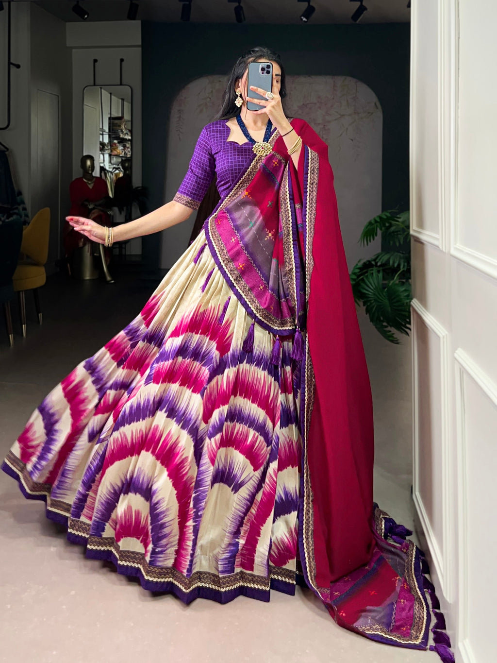 Lorenvalley Fashion Multicolor Tasar Silk Tie and Dye Print with Lace Touch Up Lehenga Choli with Dupatta | Grocsy