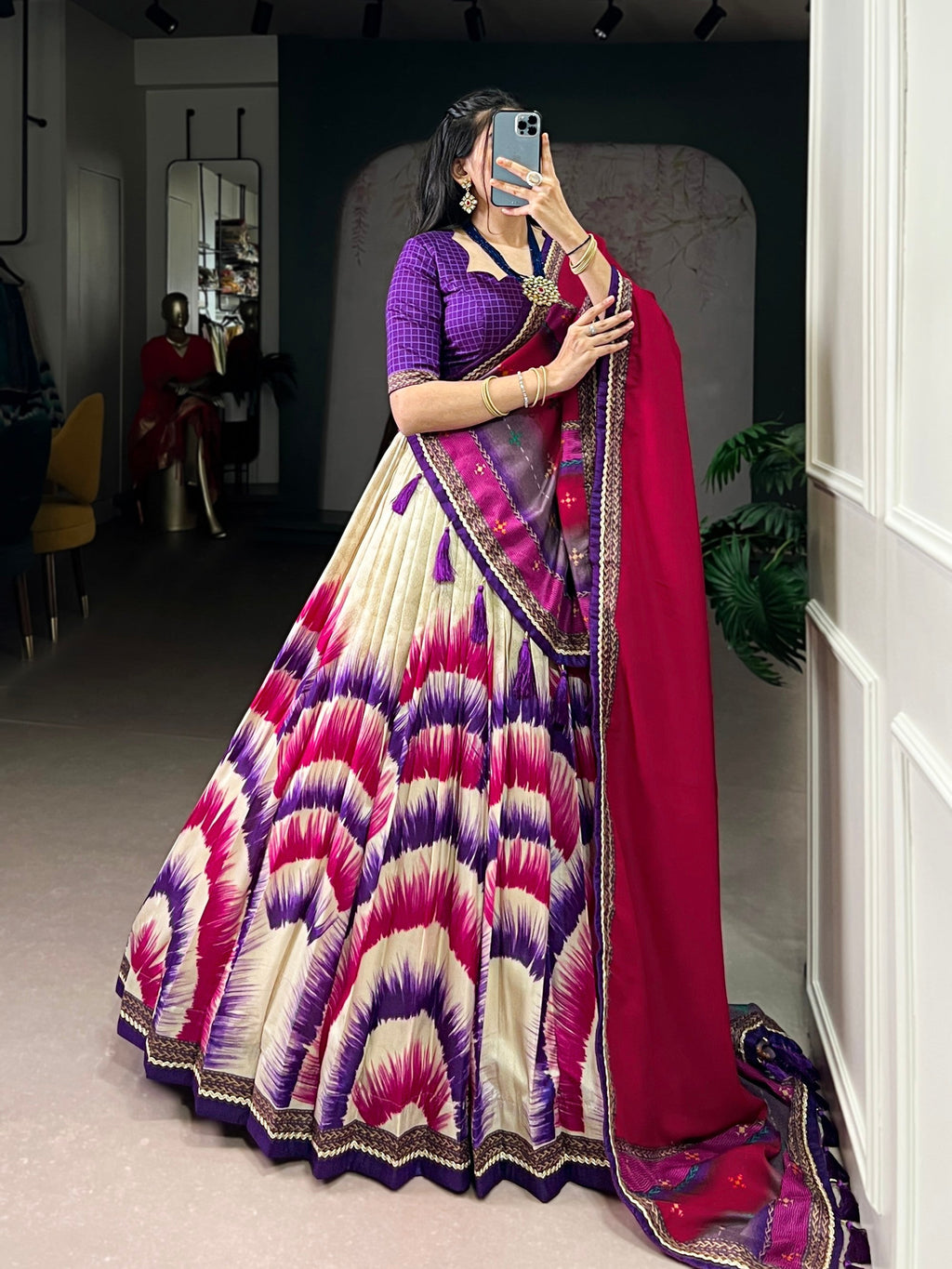 Lorenvalley Fashion Multicolor Tasar Silk Tie and Dye Print with Lace Touch Up Lehenga Choli with Dupatta | Grocsy