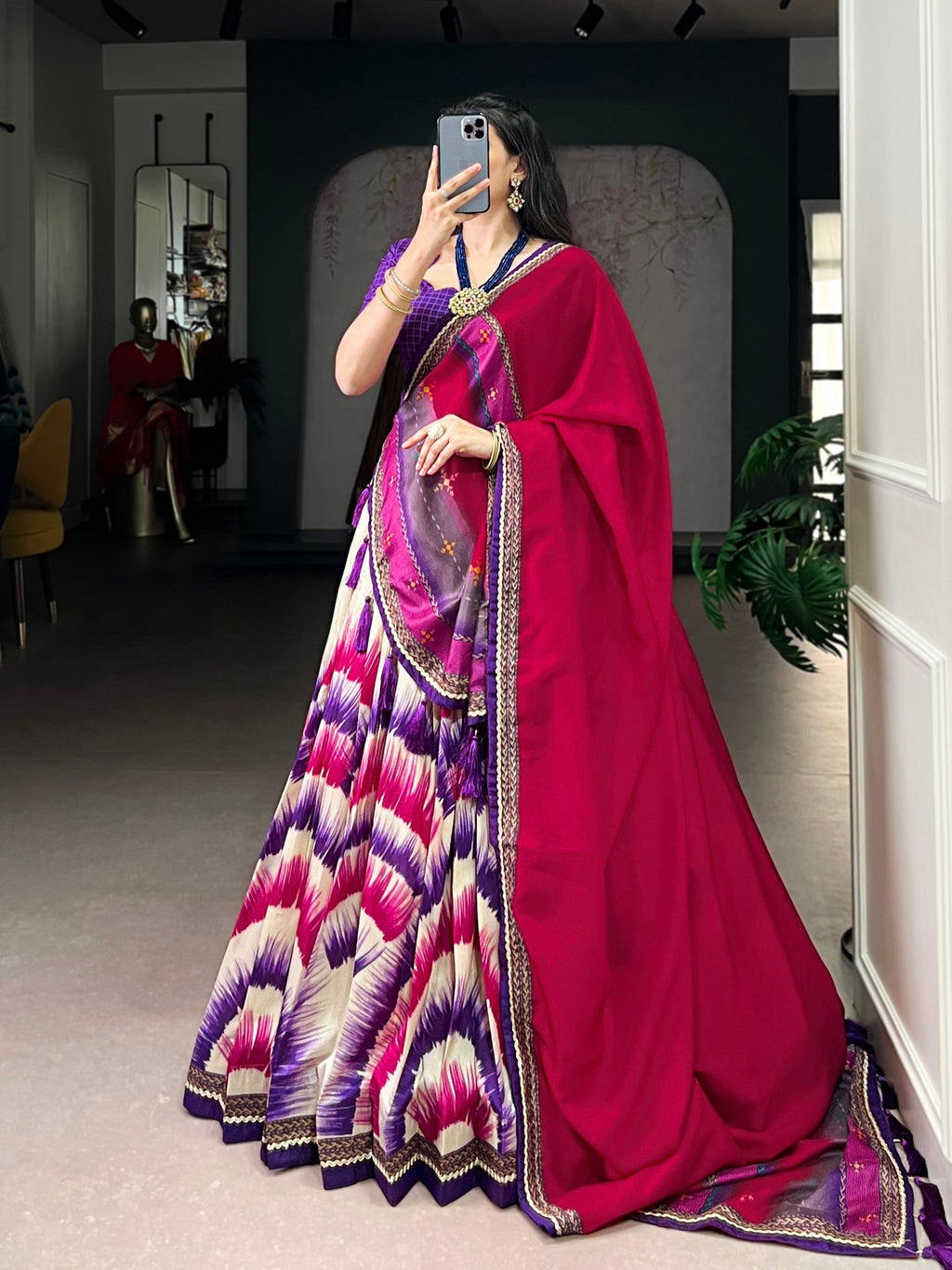 Lorenvalley Fashion Multicolor Tasar Silk Tie and Dye Print with Lace Touch Up Lehenga Choli with Dupatta | Grocsy