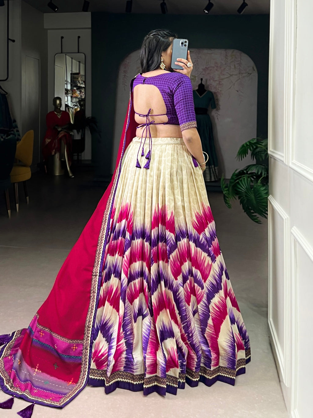 Lorenvalley Fashion Multicolor Tasar Silk Tie and Dye Print with Lace Touch Up Lehenga Choli with Dupatta | Grocsy