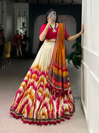 Lorenvalley Fashion Multicolor Tasar Silk Tie and Dye Print with Lace Touch Up Lehenga Choli with Dupatta | Grocsy