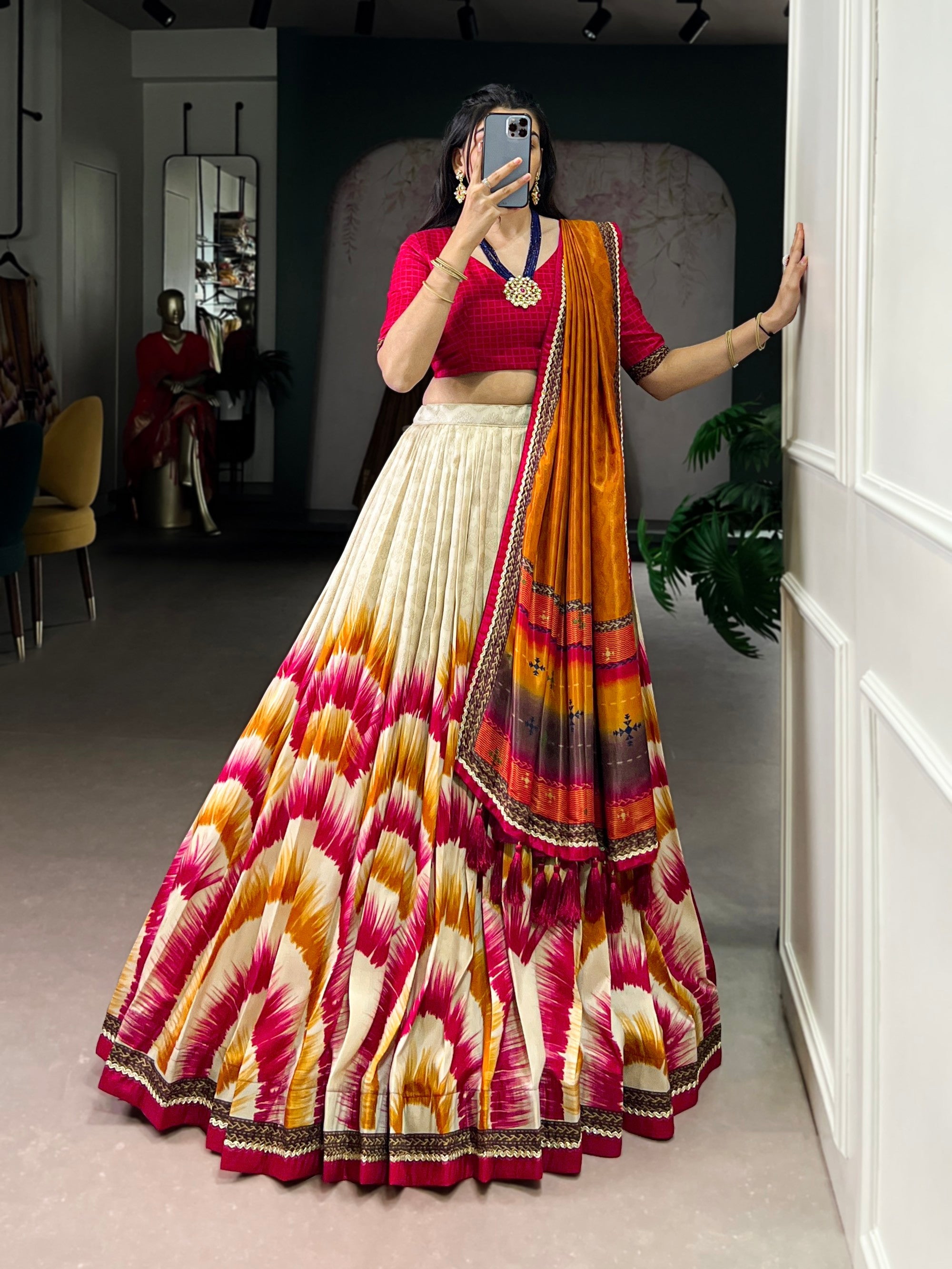 Lorenvalley Fashion Multicolor Tasar Silk Tie and Dye Print with Lace Touch Up Lehenga Choli with Dupatta | Grocsy