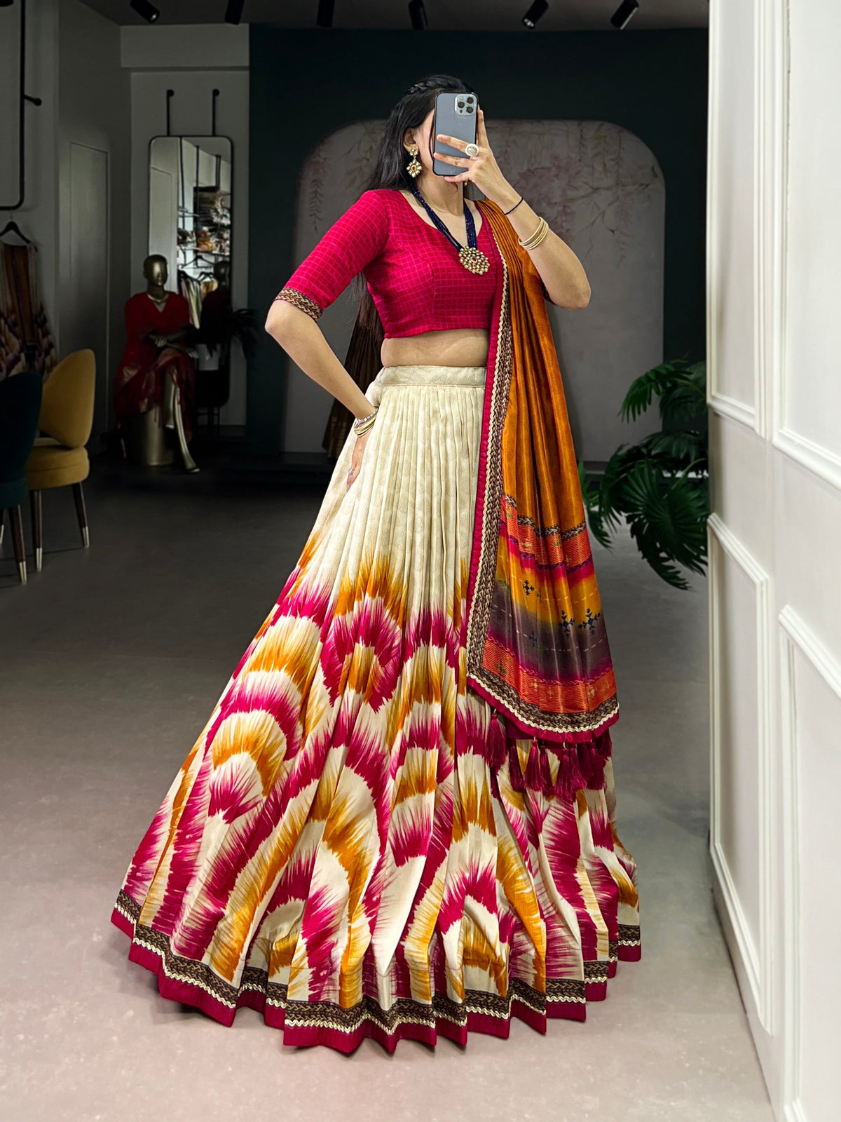 Lorenvalley Fashion Multicolor Tasar Silk Tie and Dye Print with Lace Touch Up Lehenga Choli with Dupatta | Grocsy