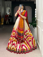 Lorenvalley Fashion Multicolor Tasar Silk Tie and Dye Print with Lace Touch Up Lehenga Choli with Dupatta | Grocsy